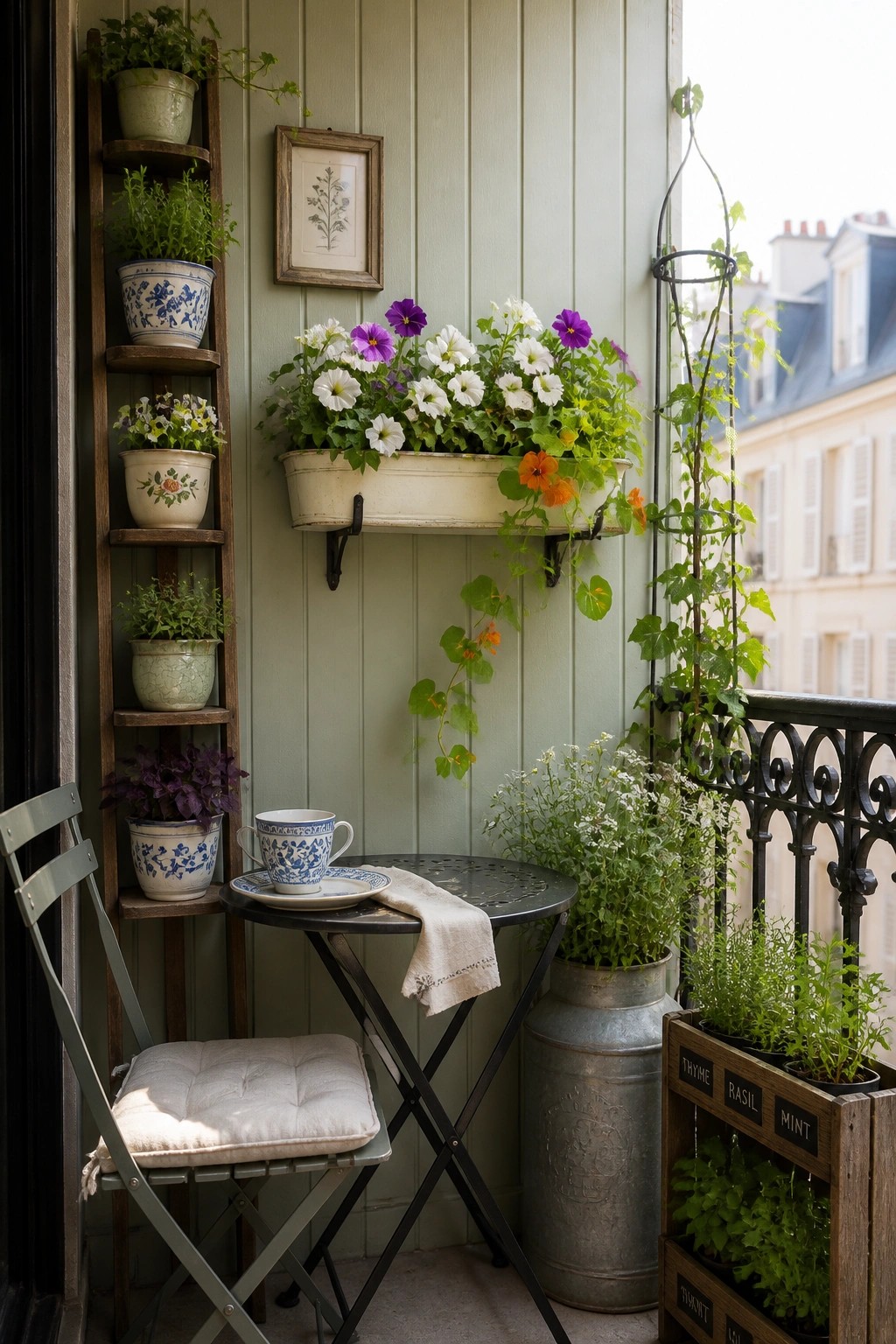 A small balcony with green walls shows a tall wooden ladder shelf holding multiple potted plants, a wall-mounted planter box with flowers, a metal folding table and chair, and additional herb planters near a railing.