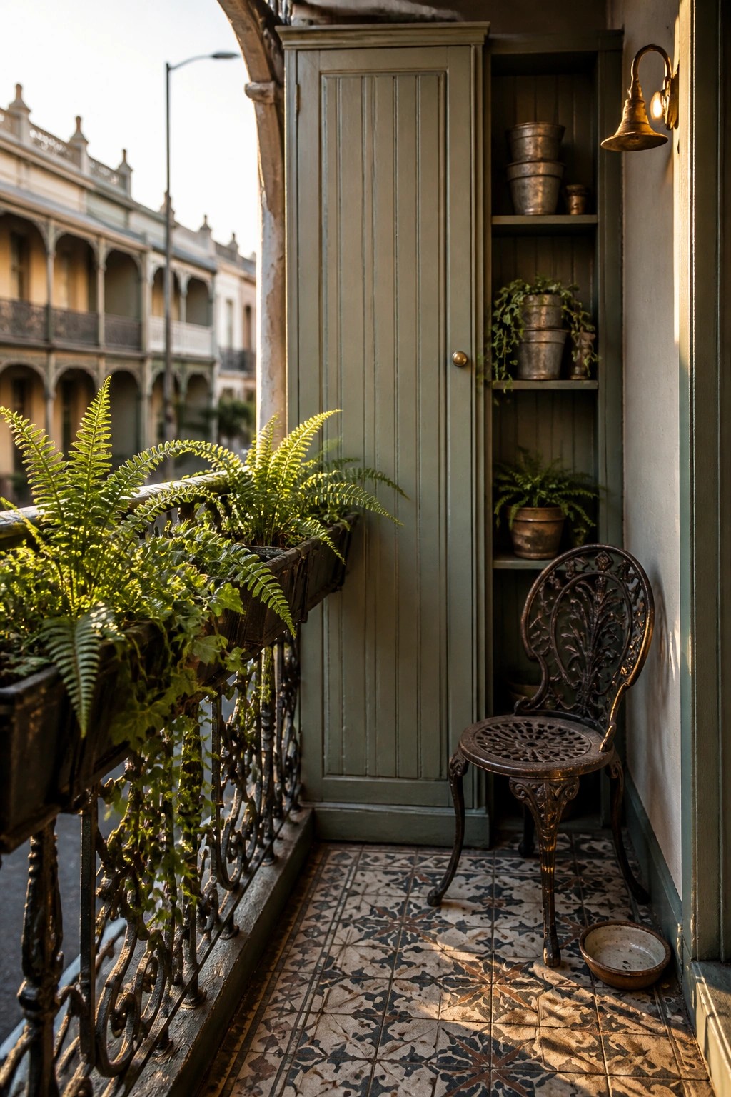 A narrow balcony features a tall sage-green cabinet with open shelves holding potted plants, an ornate metal chair, and ferns growing from a railing planter.