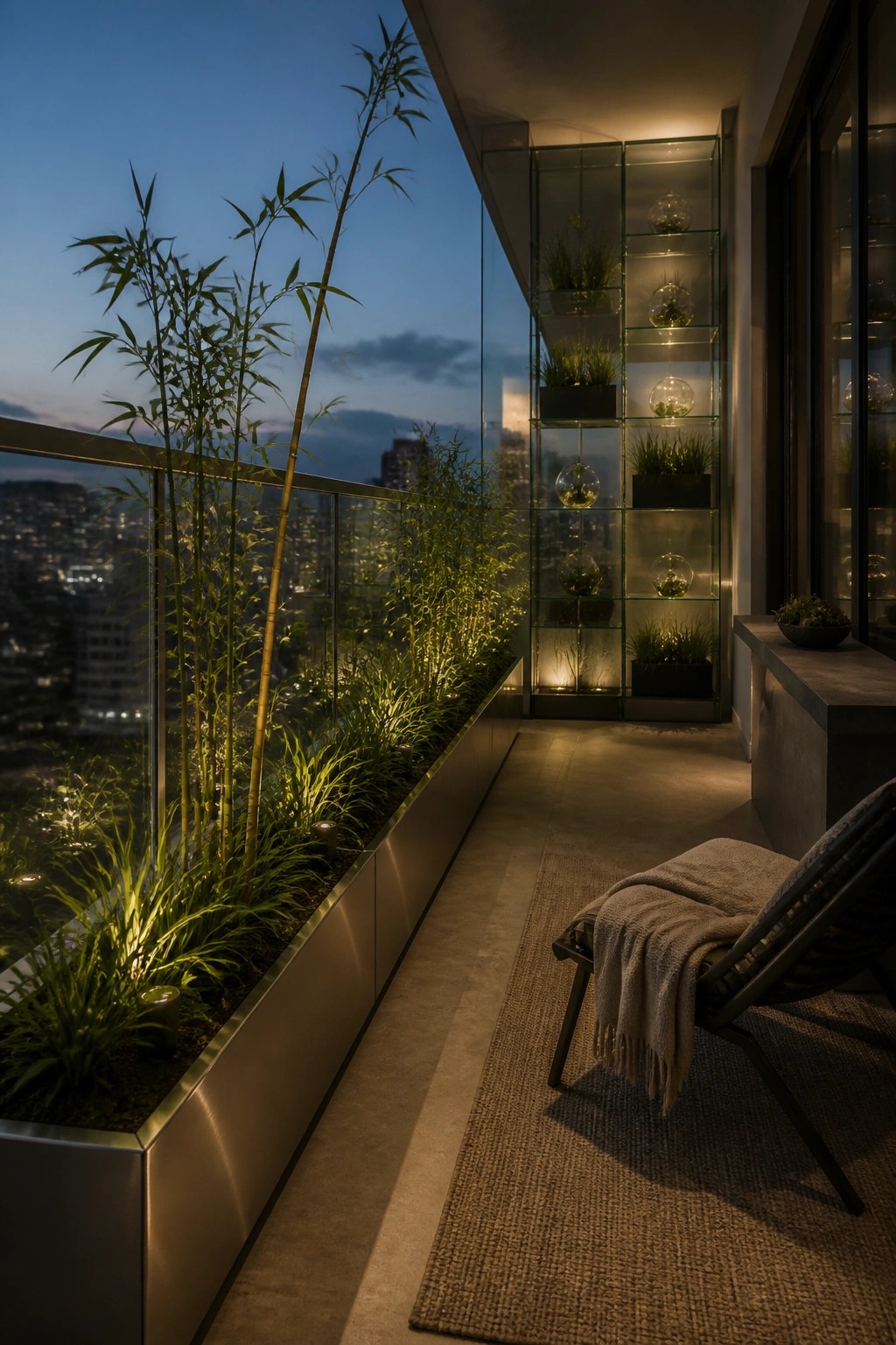 A nighttime balcony view shows a long slim metal planter with tall bamboo and grasses beside a tall illuminated glass shelving unit holding small plants, with a lounge chair on a woven rug.