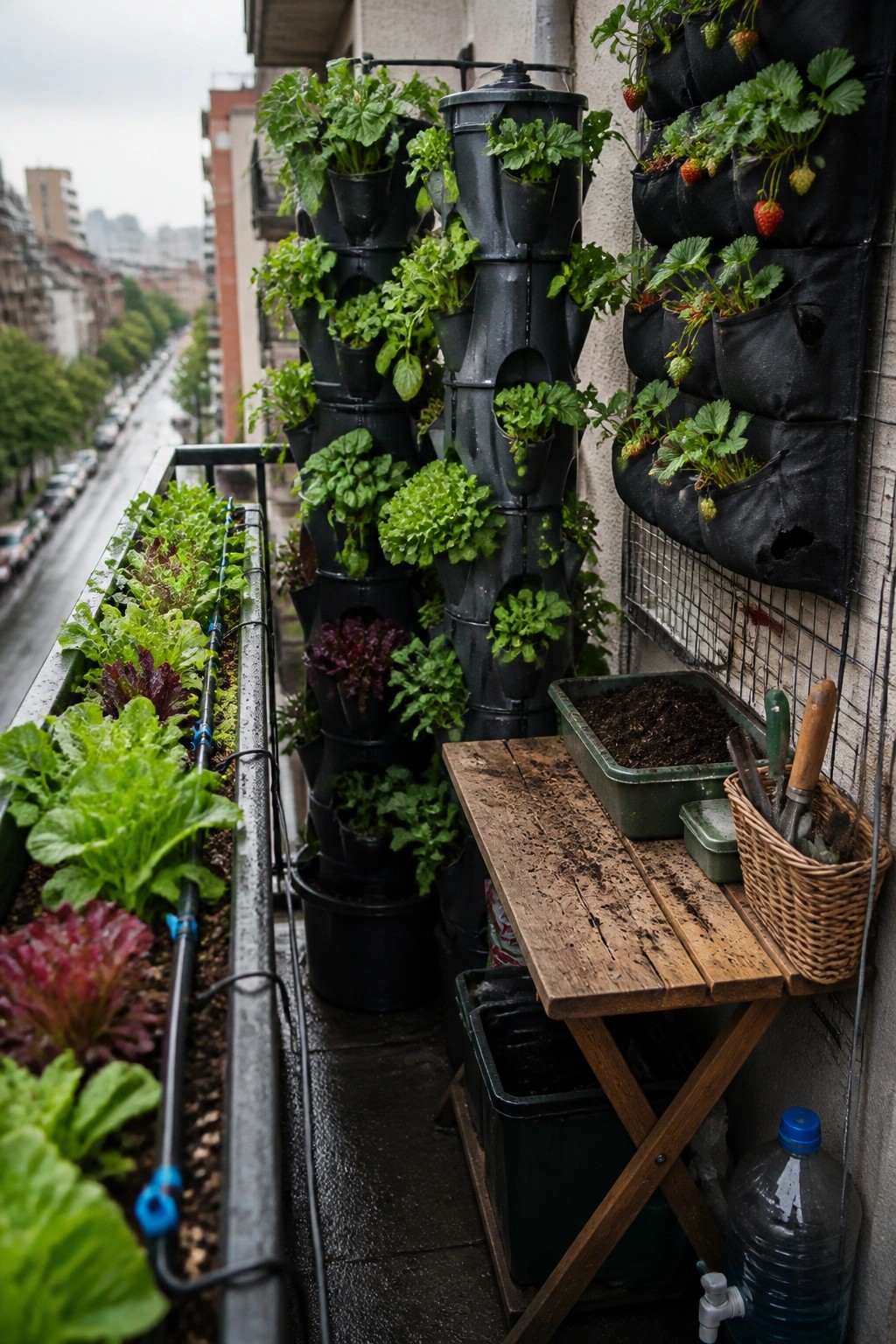 A narrow balcony with tall black stacked planters, wall-mounted fabric pockets growing strawberries, and a long planter box along the railing.
