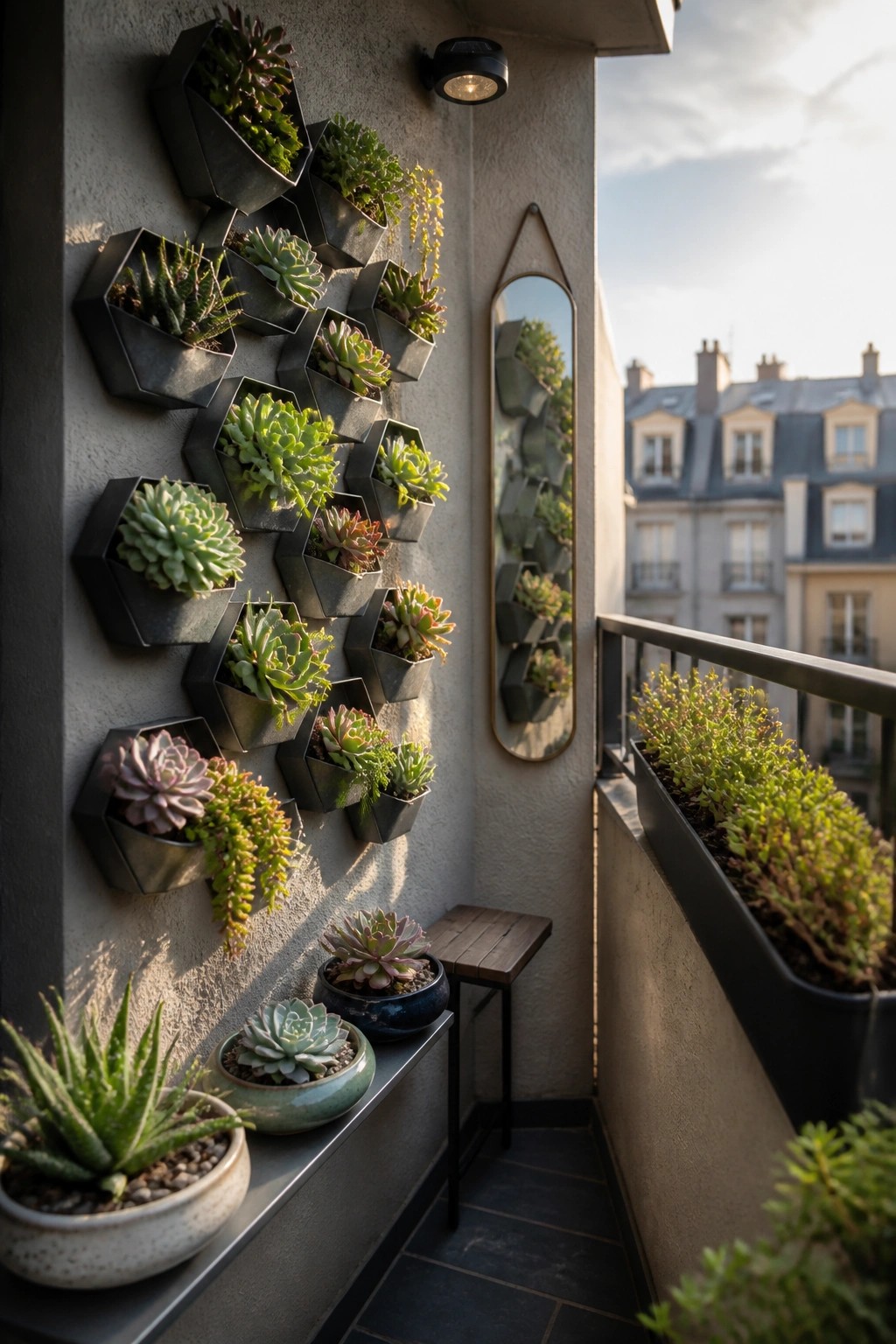 Balcony wall of hexagonal succulent planters beside mirror, stool, and potted plants.