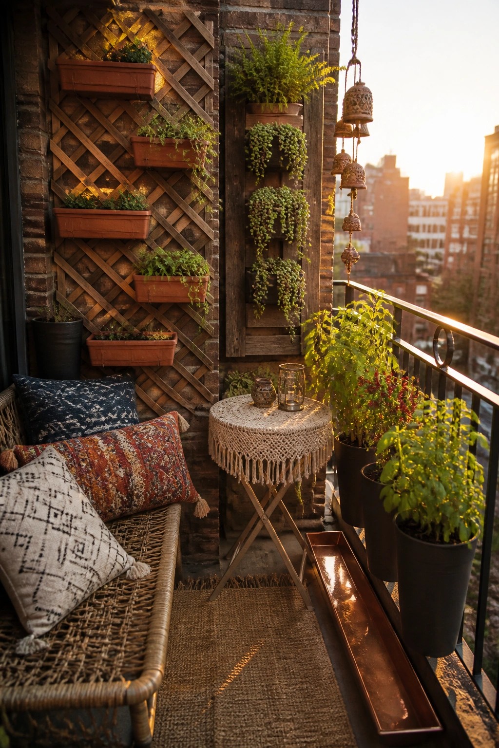 A small urban balcony with wooden lattice and stacked vertical planters on brick walls, a woven bench with pillows, a small table, and potted plants along the railing.