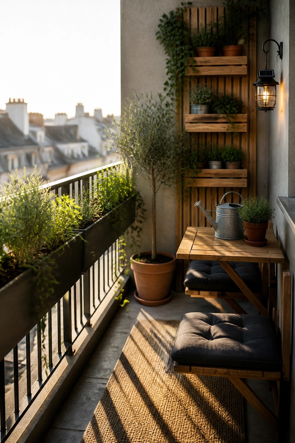 A small balcony features wooden crate shelves mounted vertically on the wall holding multiple potted plants, with a folding wooden table, stool, and watering can nearby.