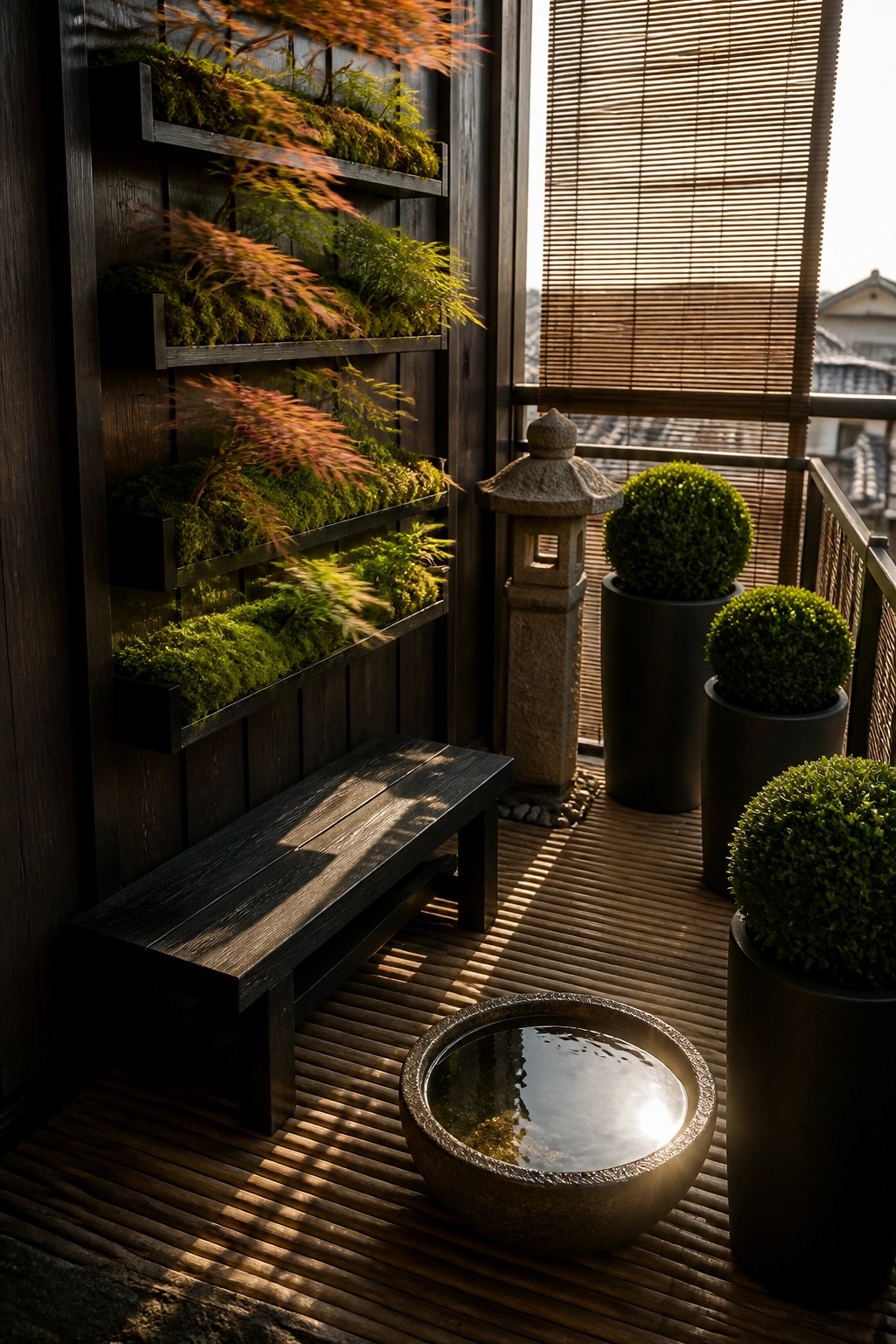 A small balcony with multiple levels of dark wall-mounted planters holding green foliage, a wooden bench, potted shrubs, a stone lantern, and a round water basin on bamboo flooring.