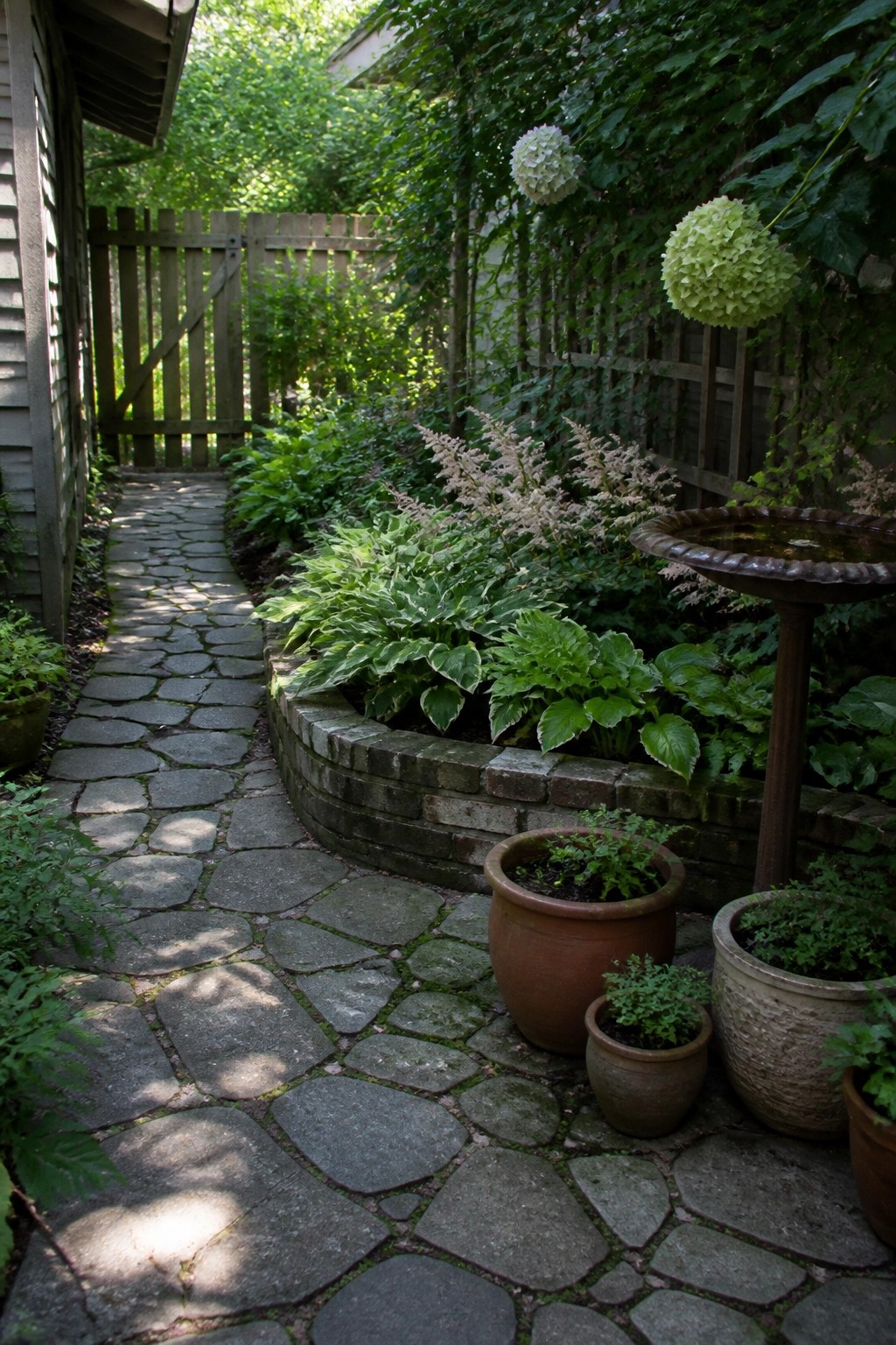 A curving stone path runs beside a low brick garden bed filled with layered green plants, with several terracotta pots and a birdbath placed along the edge.