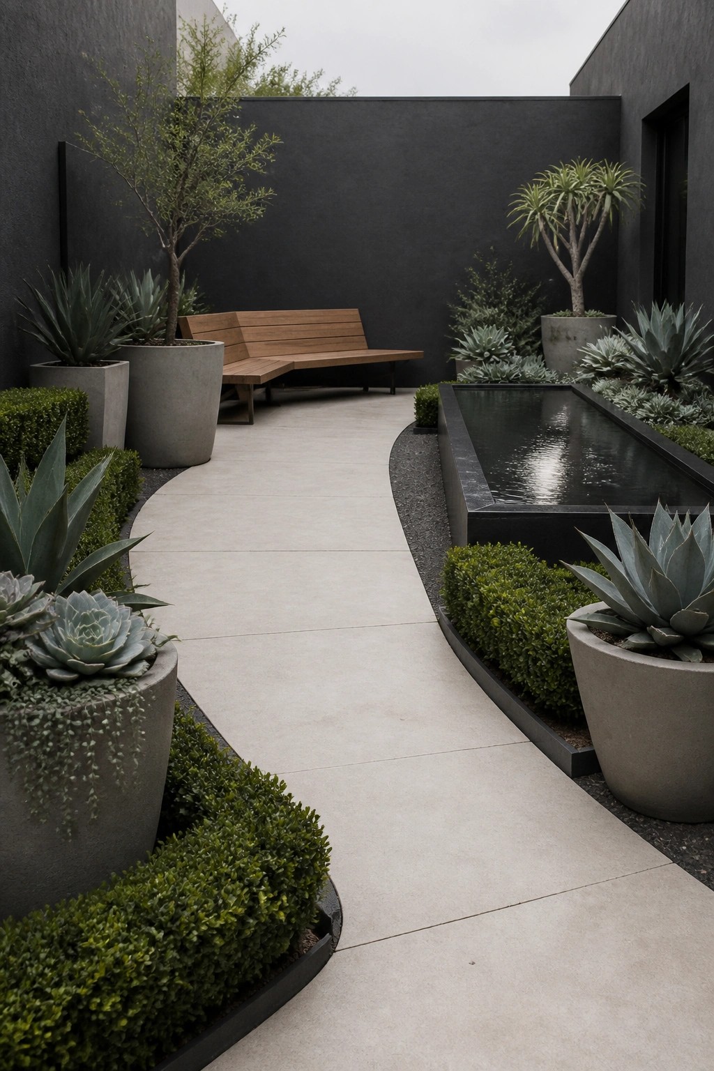 A light concrete path curves between raised beds and large gray pots filled with succulents and shrubs, leading past a wooden bench and a long rectangular water feature in a dark-walled courtyard.