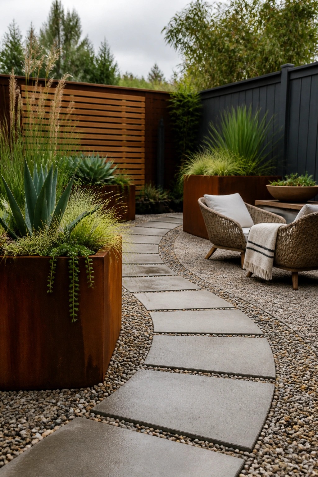 A curved path of gray stone pavers runs through gravel between large rusted metal planters filled with grasses and succulents.