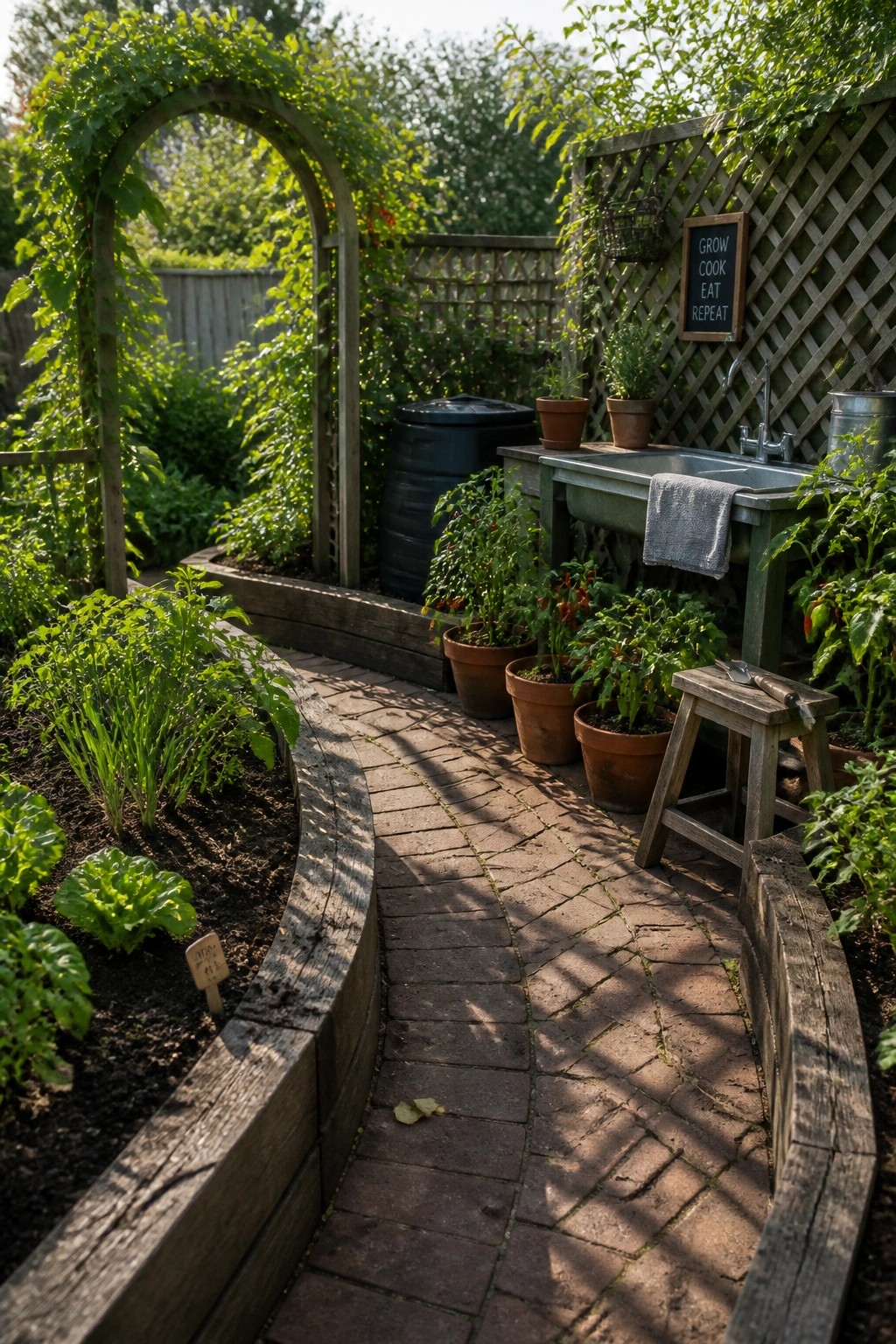 A small garden with a curving brick path bordered by wooden raised beds, terracotta pots, and an arched trellis covered in vines.