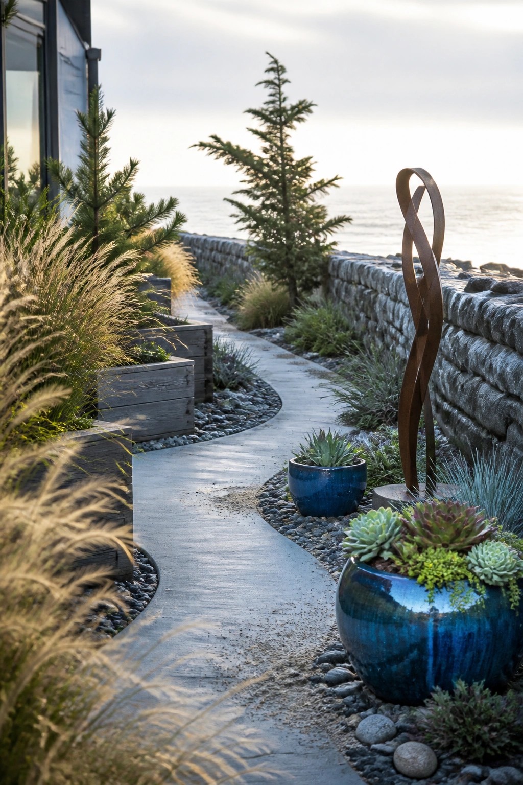 Coastal garden path with blue ceramic pots, succulents, grasses, and twisted metal sculpture by ocean.