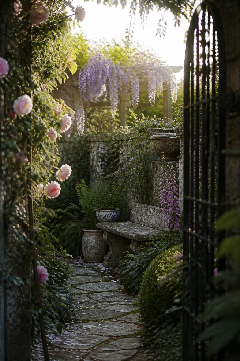 A narrow garden path made of irregular stone slabs winds between stone walls covered in climbing roses and hanging wisteria, with a stone bench and several decorative pots along the way.