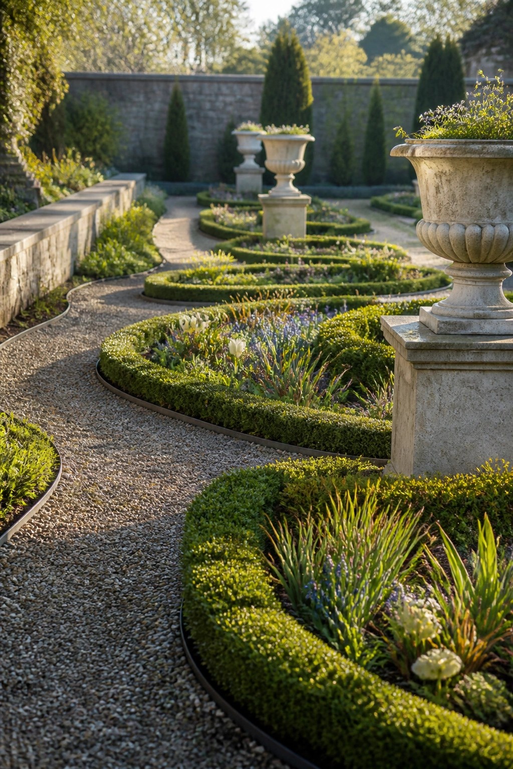 A gravel garden path curves between low boxwood hedges and layered flower beds, with large stone urns placed along the edge.