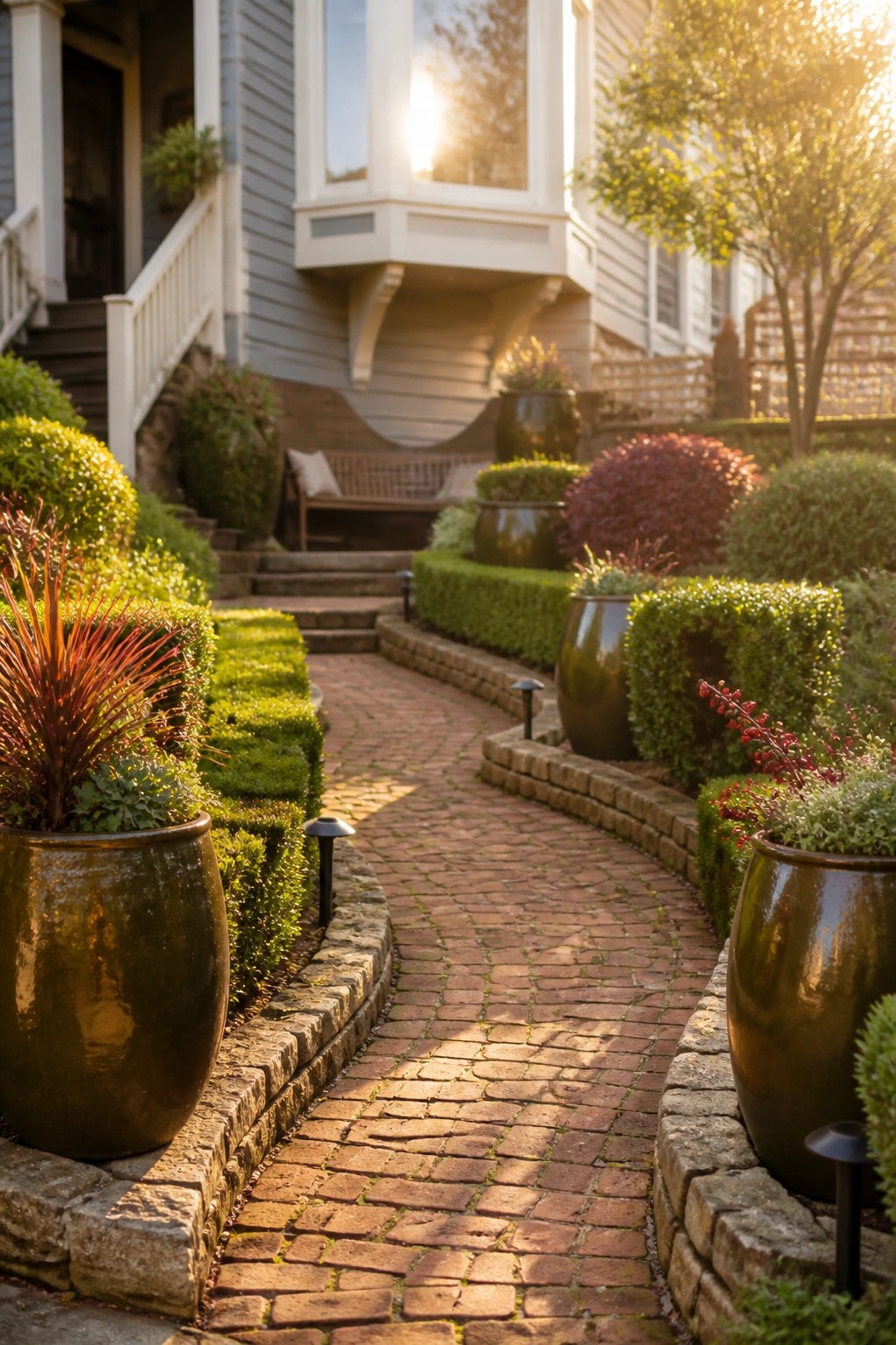 A curving brick path runs through a garden lined with large pots, layered shrubs, and low hedges beside a house.
