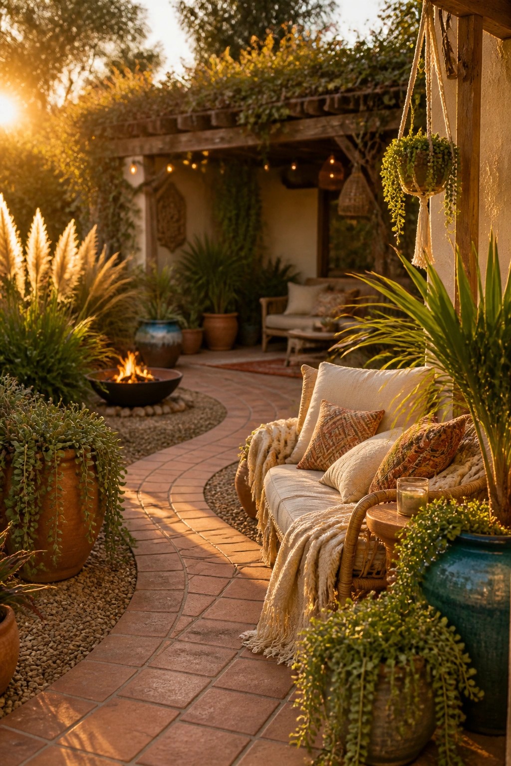 A curved brick path runs through an outdoor seating area lined with terracotta and ceramic pots filled with layered green plants, a fire pit, and a cushioned bench.