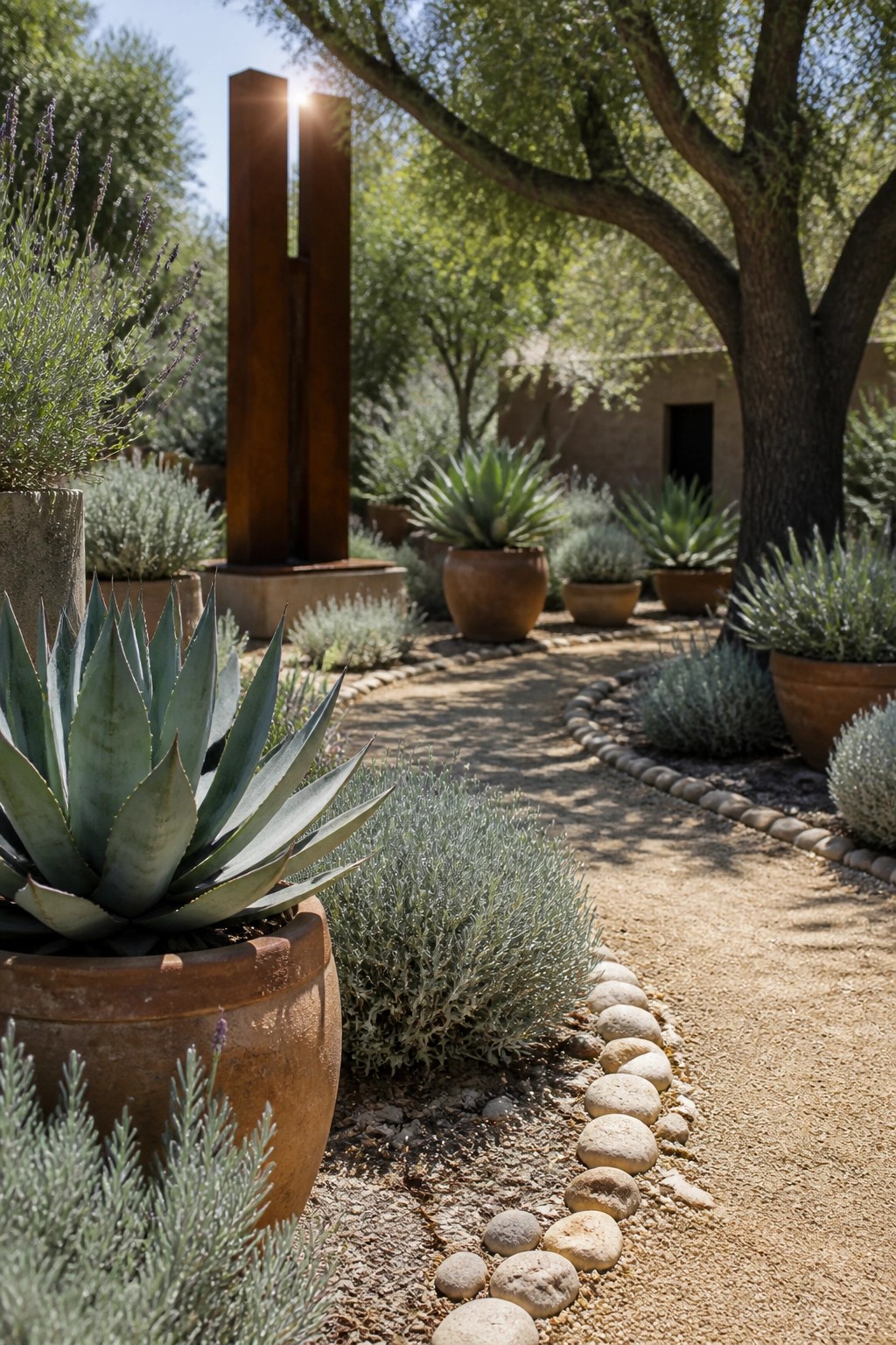 A curved gravel garden path edged with round stones runs past large terracotta pots planted with agave and lavender.