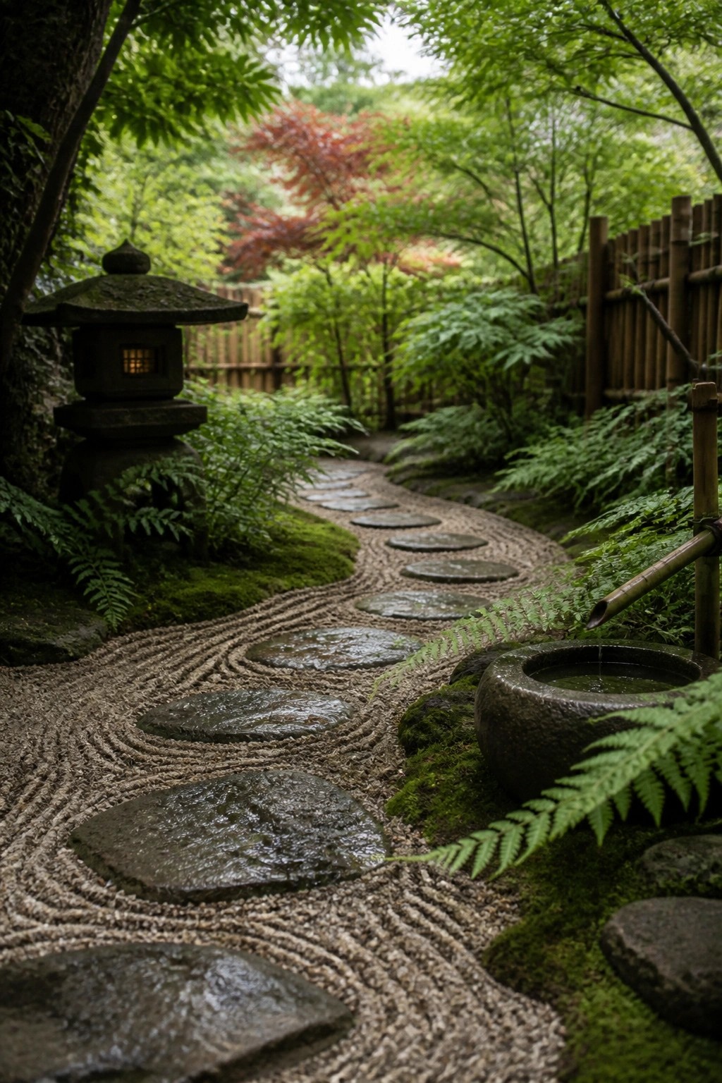 Serene Japanese garden path with stone lantern, stepping stones, and bamboo fountain.