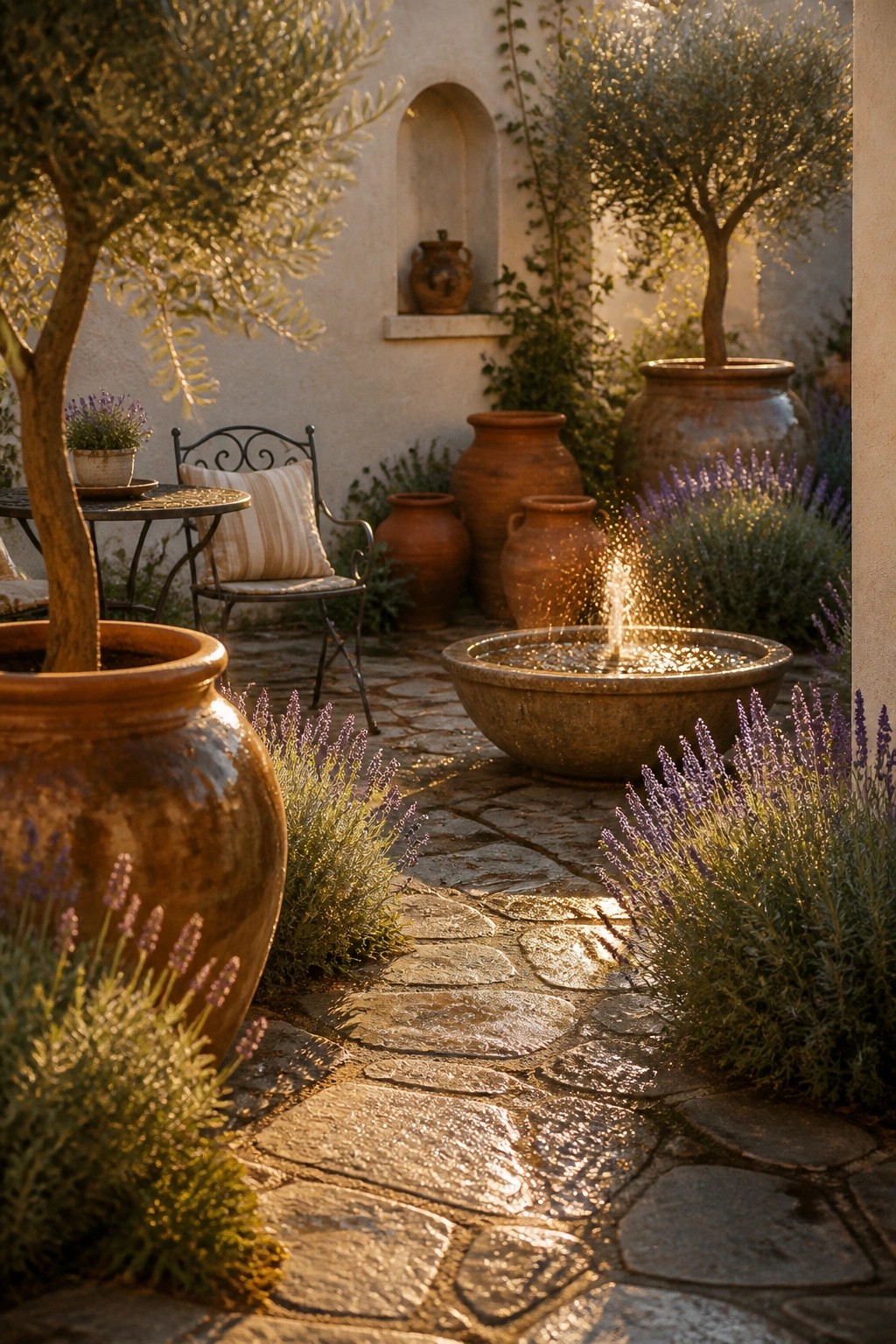A curved stone pathway runs through a garden lined with large terracotta pots, lavender plants, olive trees, and a round stone fountain.