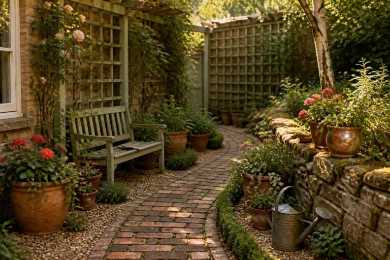 21 Beautiful Small Garden Ideas With Curved Paths, Pots, and Layered Planting A narrow brick path curves through a garden lined with terracotta pots of various sizes, flowering plants, a wooden bench, and a metal watering can on the right.