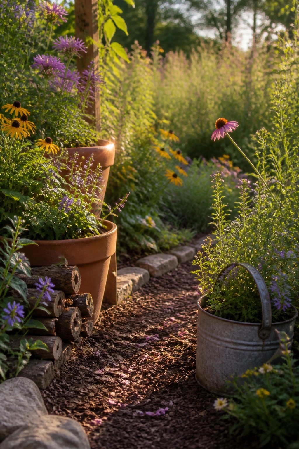 A mulched garden path lined with terracotta pots, a metal bucket, and dense purple and yellow flowers on both sides.