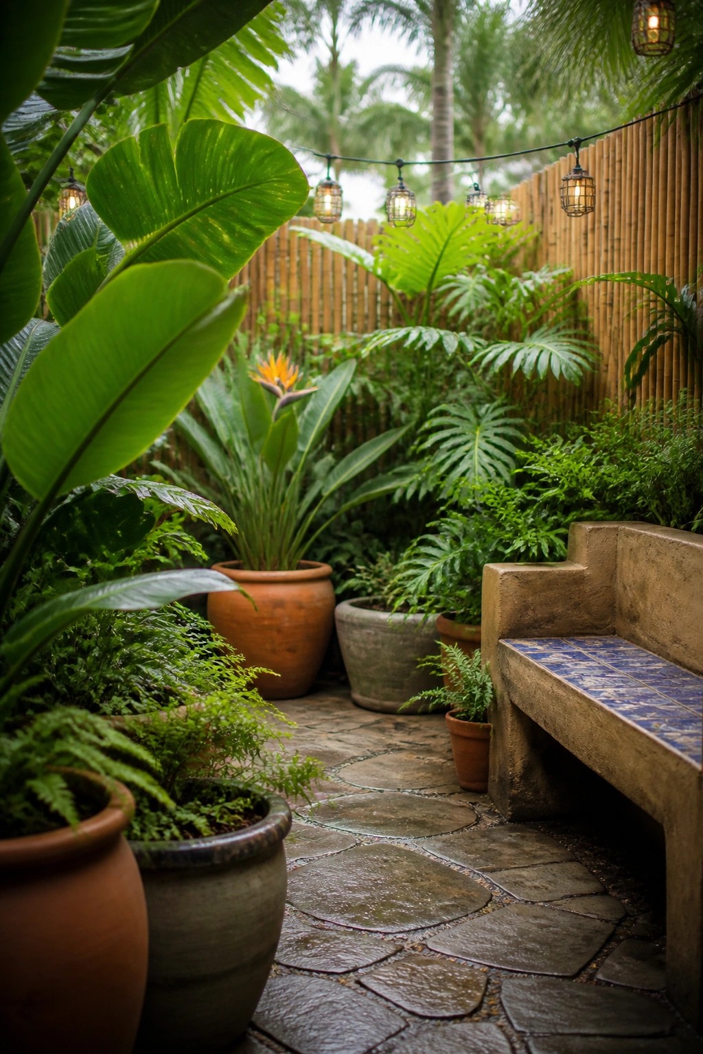A narrow stone path winds between large potted plants and ferns, with a tiled concrete bench on the right and string lights strung overhead.