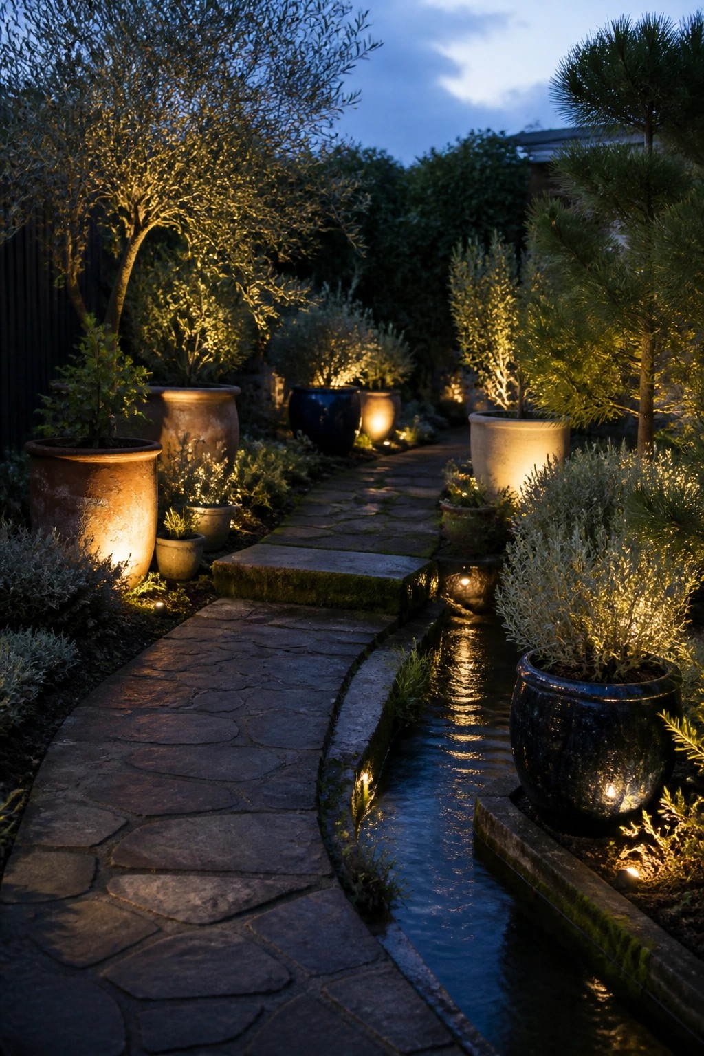 A curved stone path runs beside a narrow water channel in a garden lined with large and small potted plants and trees.