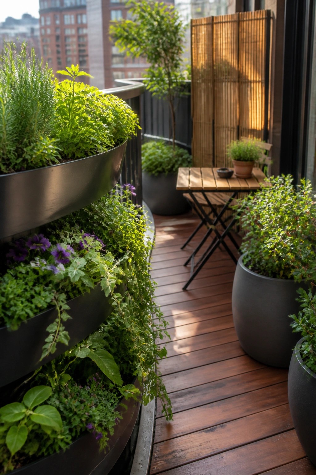Lush balcony garden with tiered planters, wooden table, and city view.