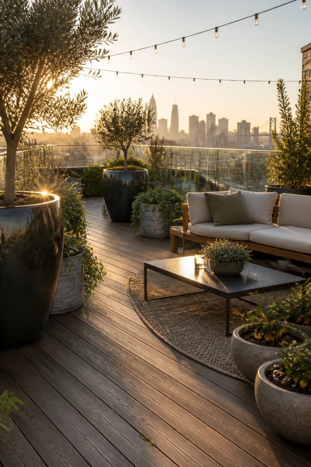 Rooftop deck with sofa, coffee table, potted plants, string lights, and city skyline at sunset