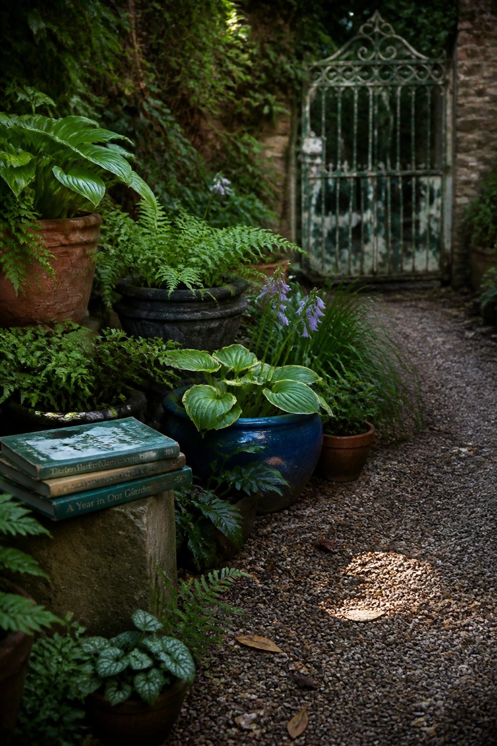 A gravel path lined with assorted potted plants including ferns and hostas leads toward a weathered green metal gate.