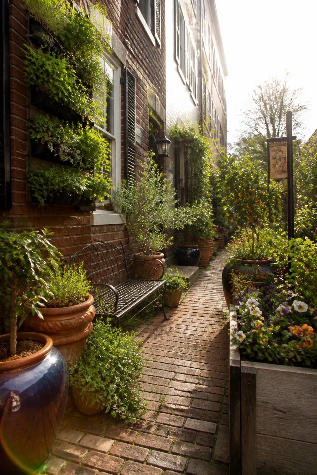 A narrow brick path between two buildings lined with potted plants of varying sizes and wall-mounted planters filled with greenery.