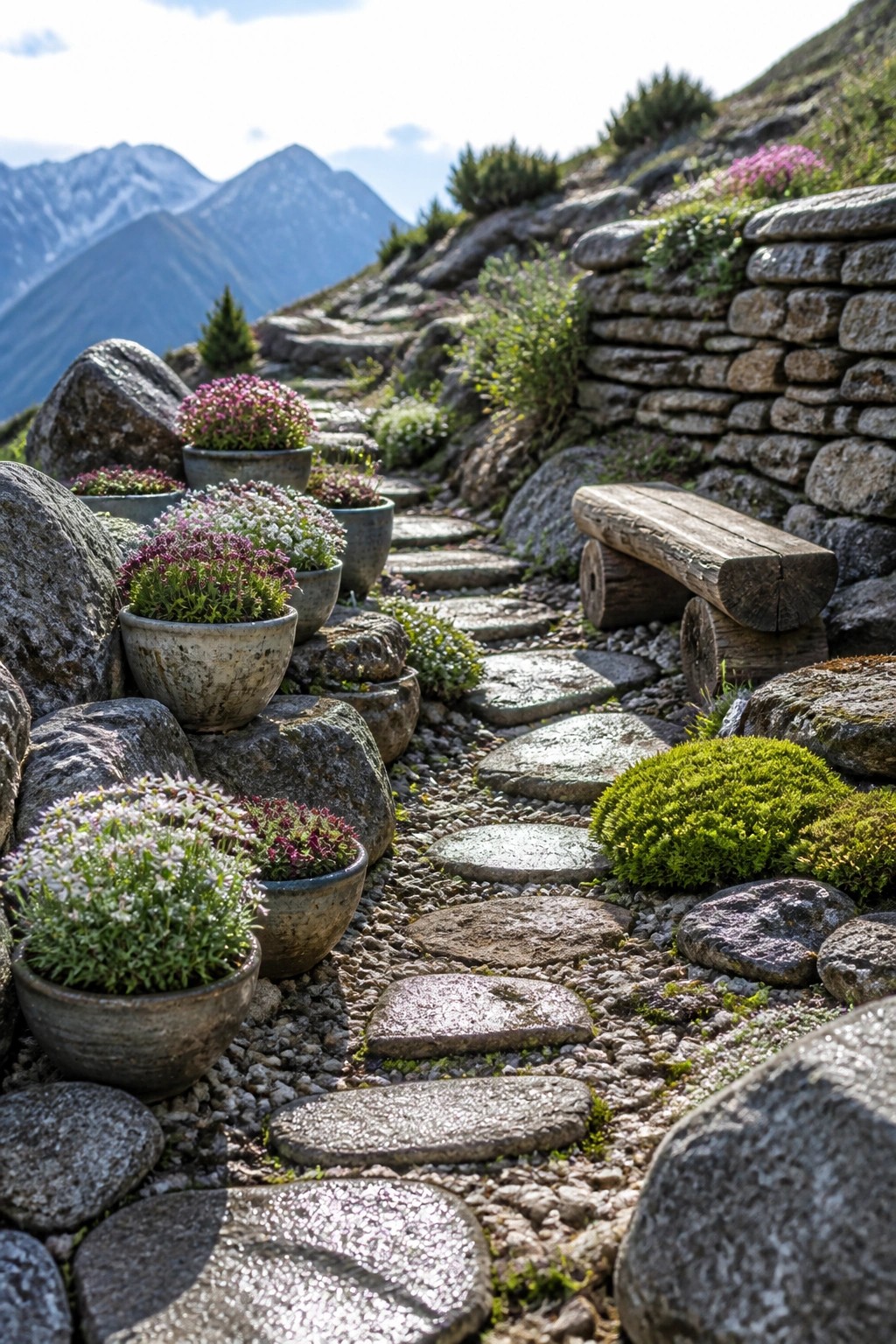 A winding stone path bordered by clusters of ceramic pots holding flowering plants on a rocky hillside.