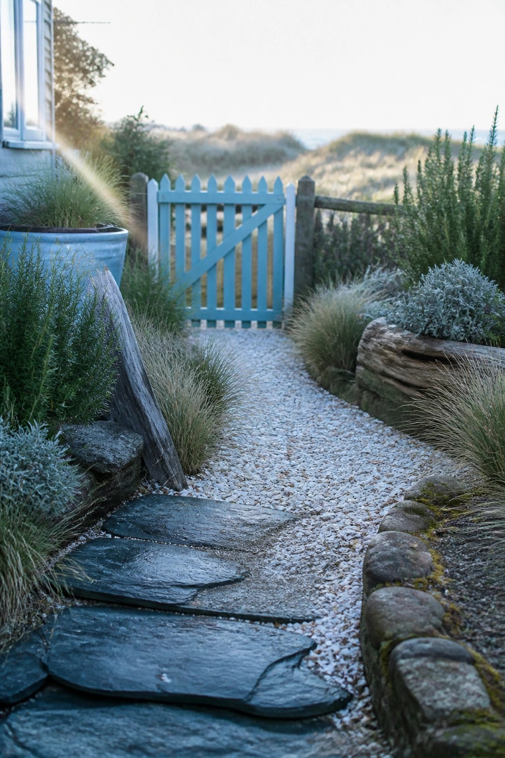 A narrow garden path of irregular dark slate stepping stones embedded in white gravel, bordered by layered green and silvery plants, wooden edging, and a light blue wooden gate in the background.