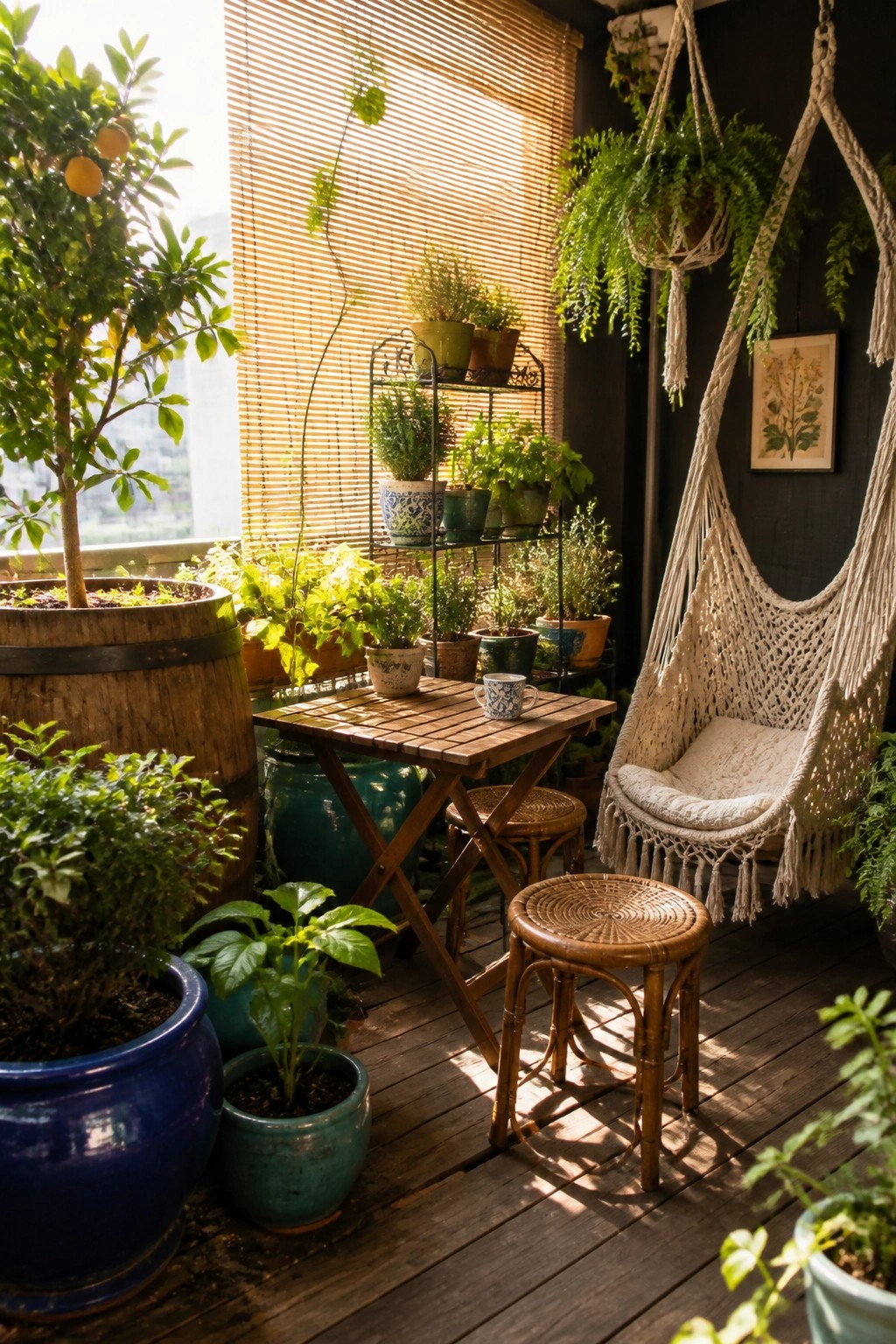 A wooden balcony patio with many potted plants in various containers, a small folding table with a cup on it, two round stools, and a white macrame hanging chair next to a window with bamboo blinds.