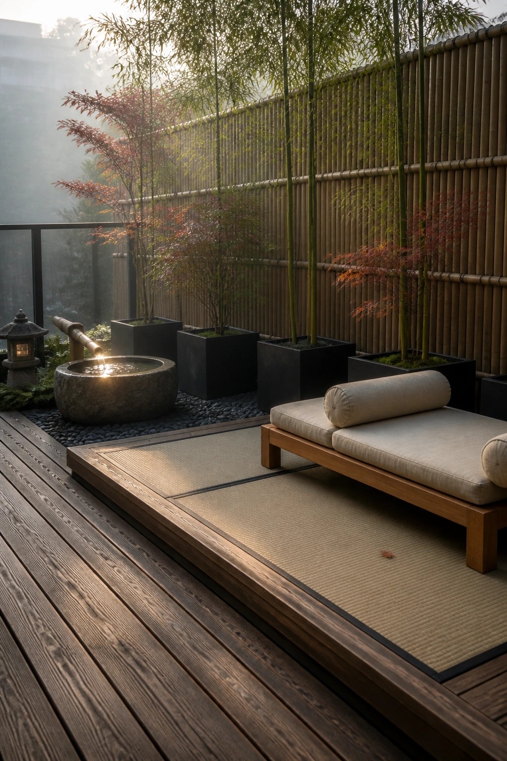 An outdoor patio with a low wooden daybed on tatami mats, a stone water basin, and tall bamboo fencing lined with potted trees and shrubs.