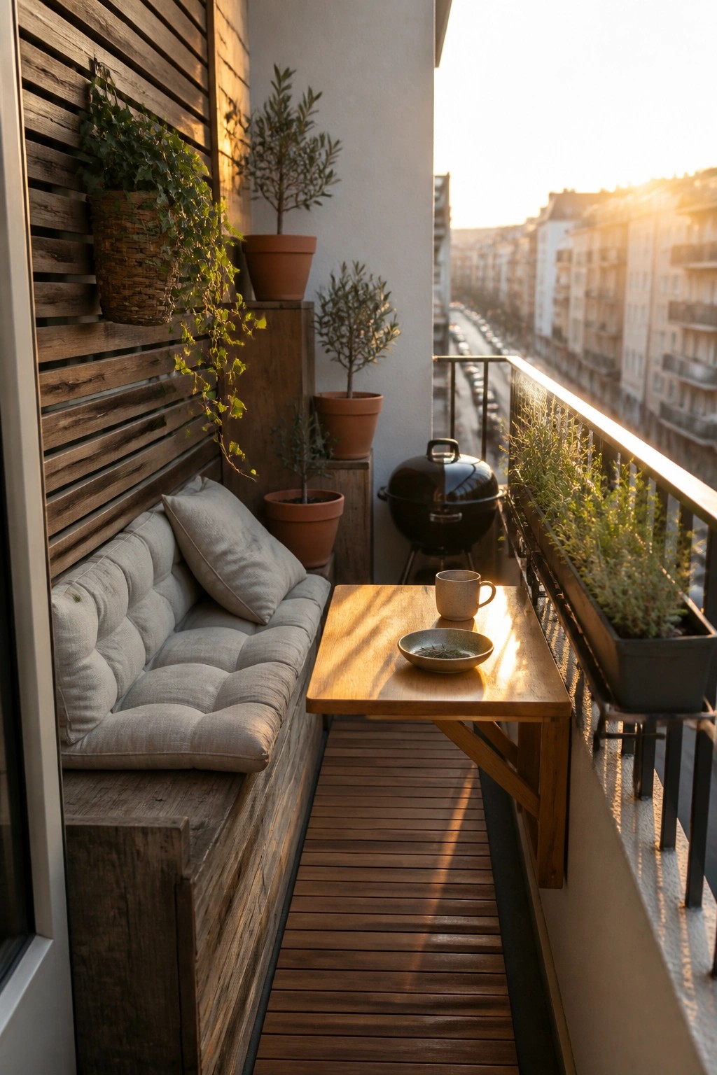 Cozy wooden balcony at sunset with cushioned bench, table, plants, and city view