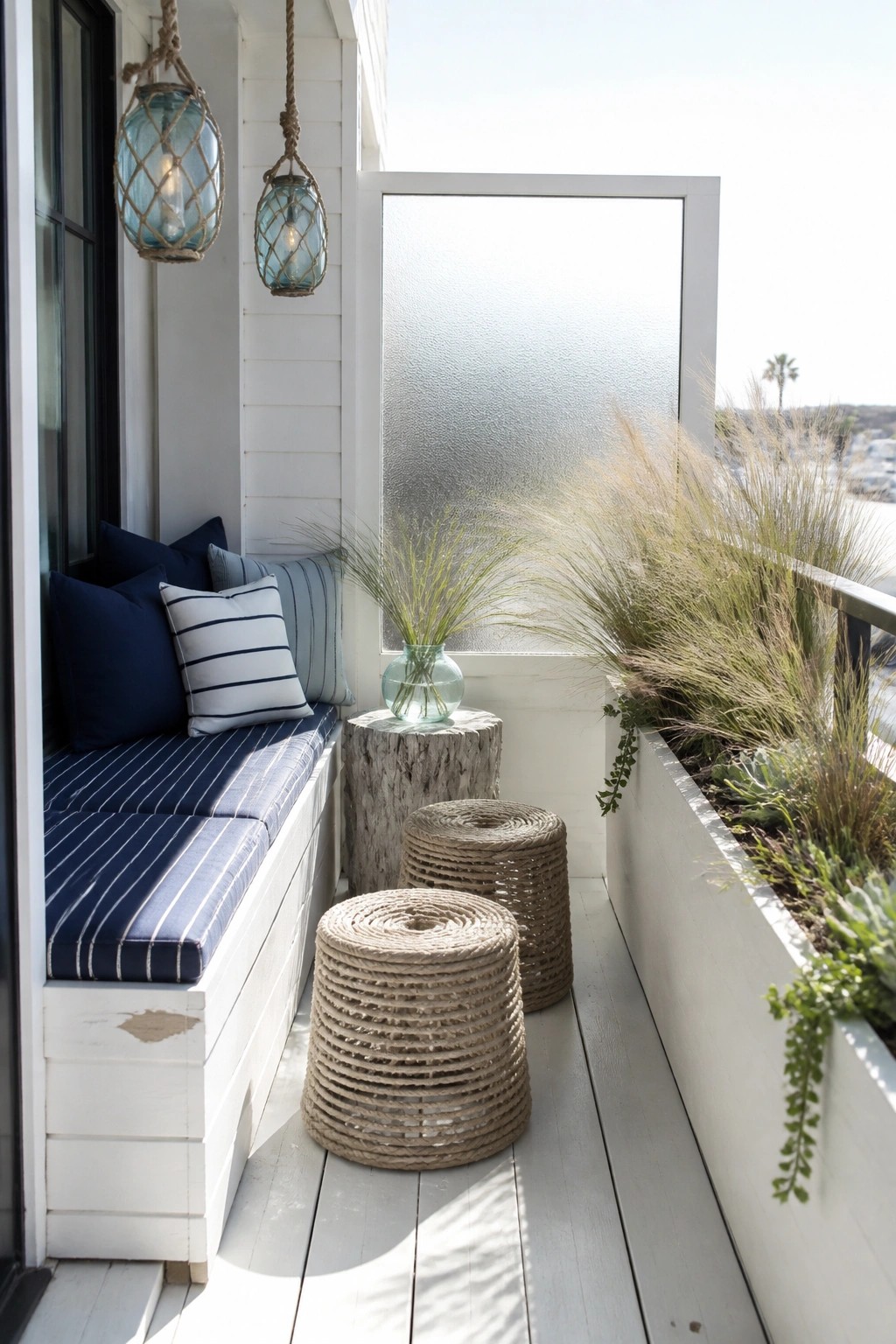Coastal balcony with striped bench, rope stools, hanging lanterns, and tall grasses by water.