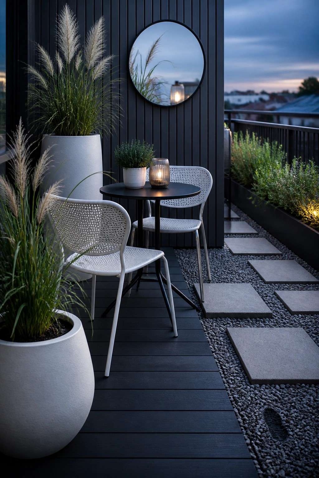 An outdoor patio seating area with a black round table, two white perforated chairs, and large white planters holding tall ornamental grasses against a dark vertical wall with a round mirror.