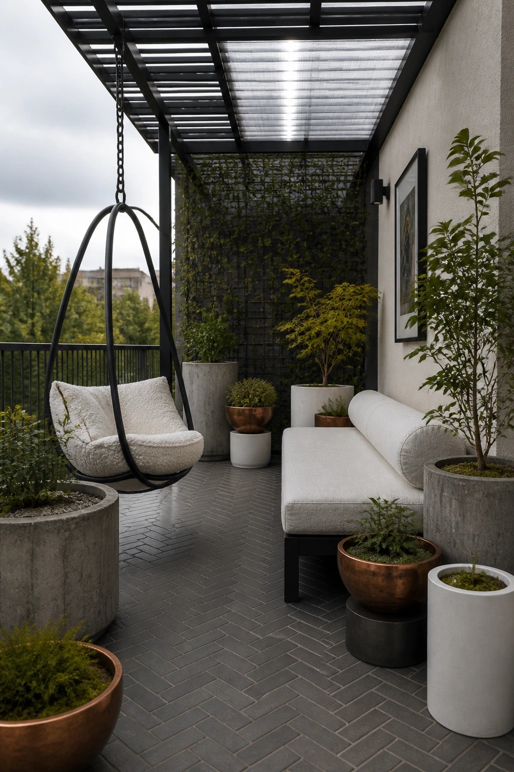 A covered apartment balcony features a white hanging chair, a cushioned bench, and multiple potted plants in concrete and copper containers arranged on dark herringbone tile.