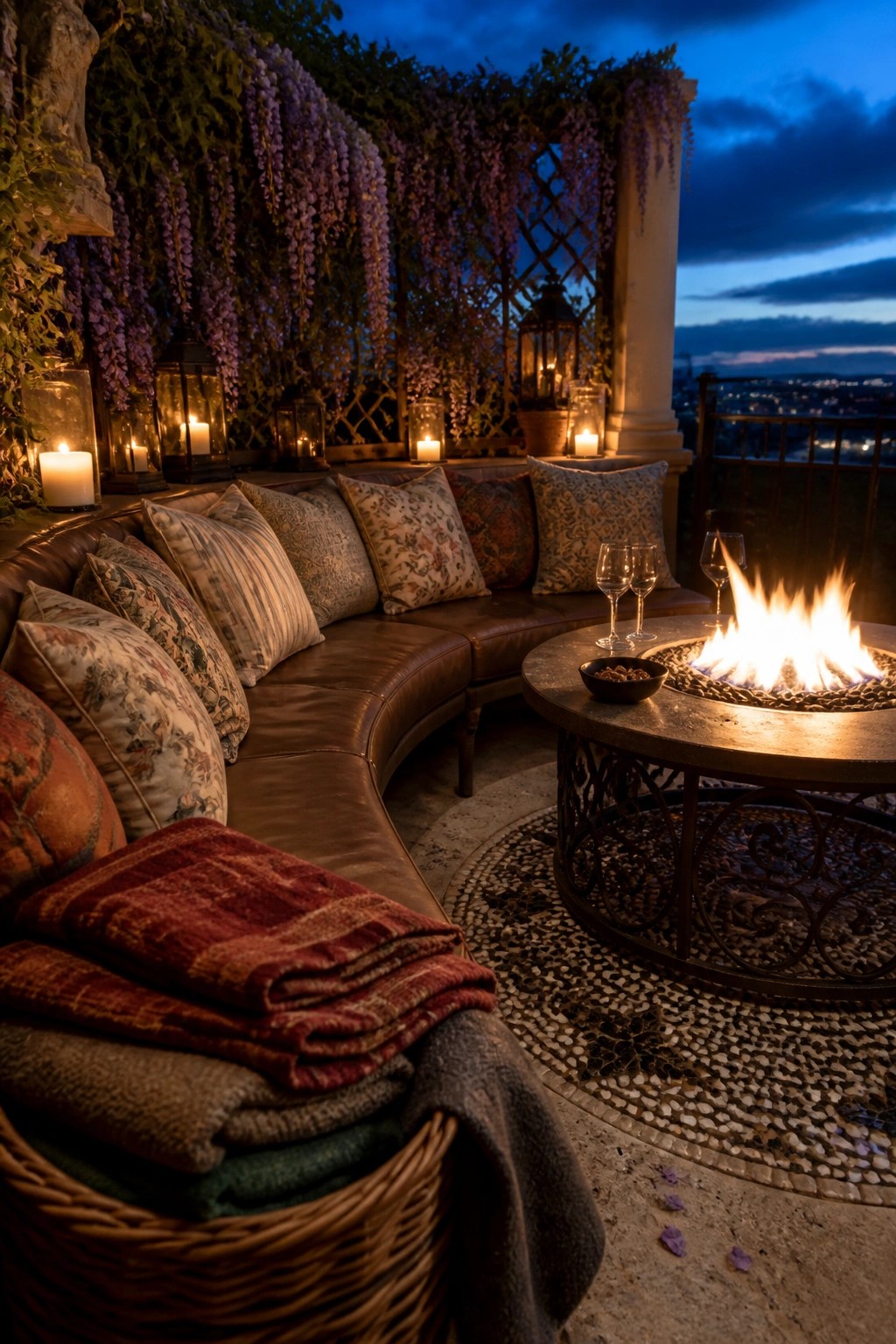 Cozy patio with curved leather sofa, fire pit, lanterns, and purple wisteria.