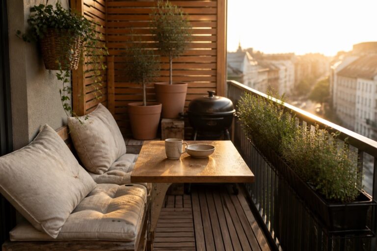 Cozy wooden balcony at sunset with cushioned bench, table, plants, and city view
