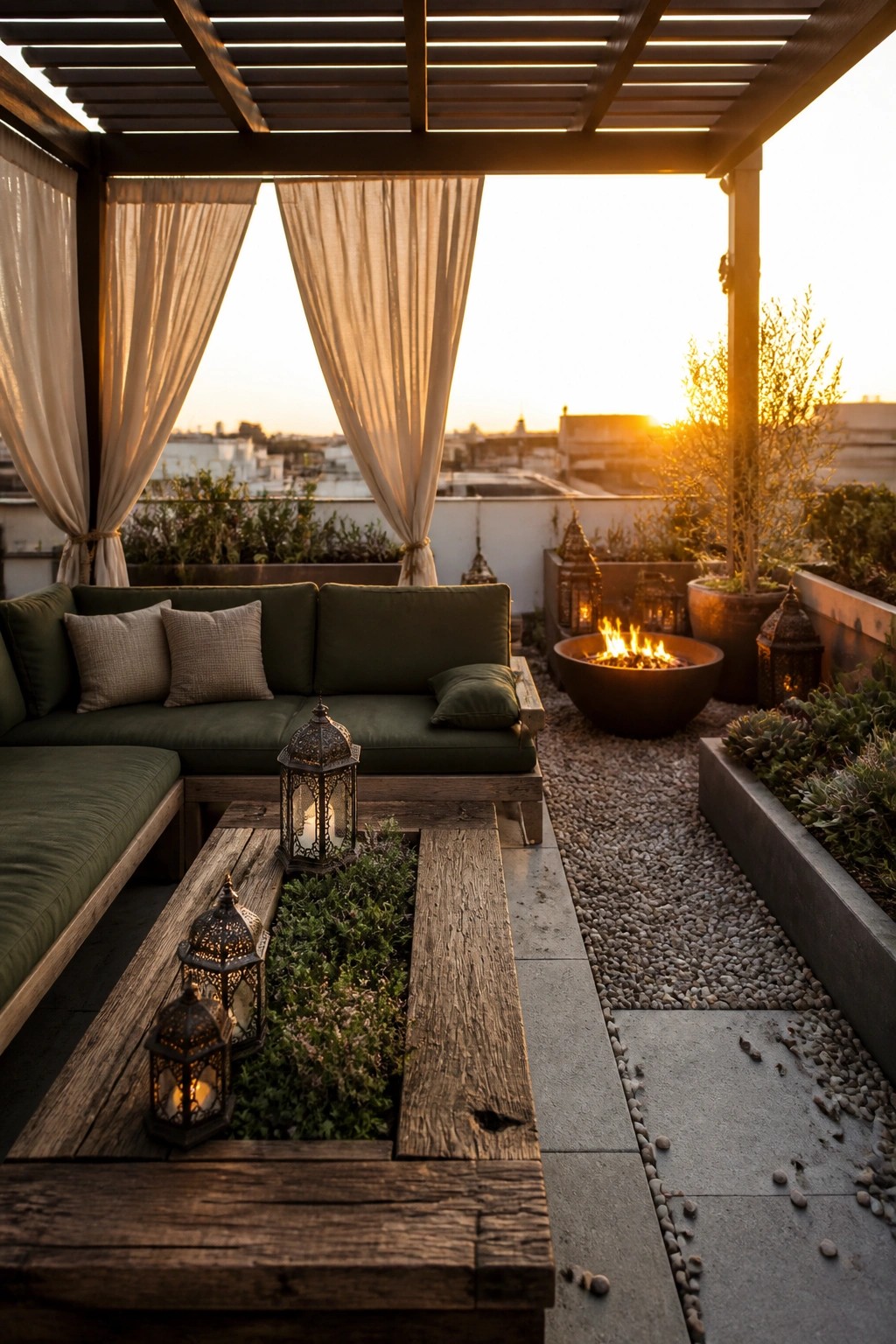 A rooftop patio at sunset shows a green sectional sofa, a wooden coffee table with lanterns, a round fire pit on gravel, and potted plants along the edges.