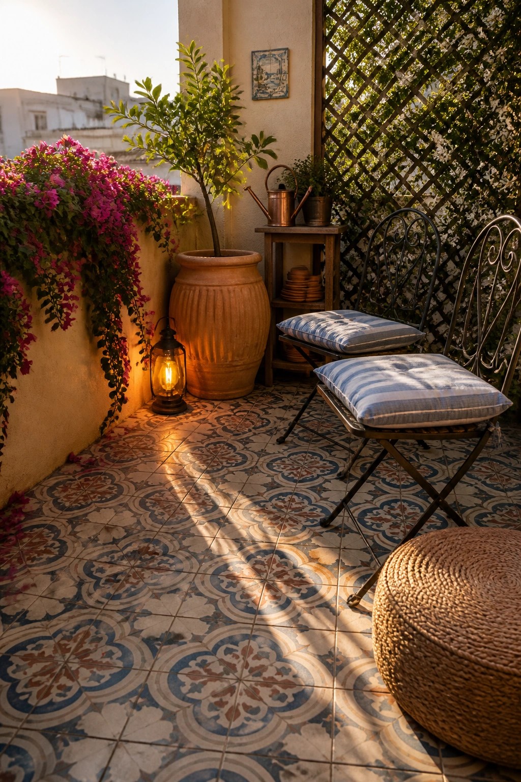 A small tiled patio corner with two black metal folding chairs that have blue and white striped cushions, a round woven pouf, a large terracotta pot with a tree, pink flowering vines, and a lit lantern near a wooden shelf.