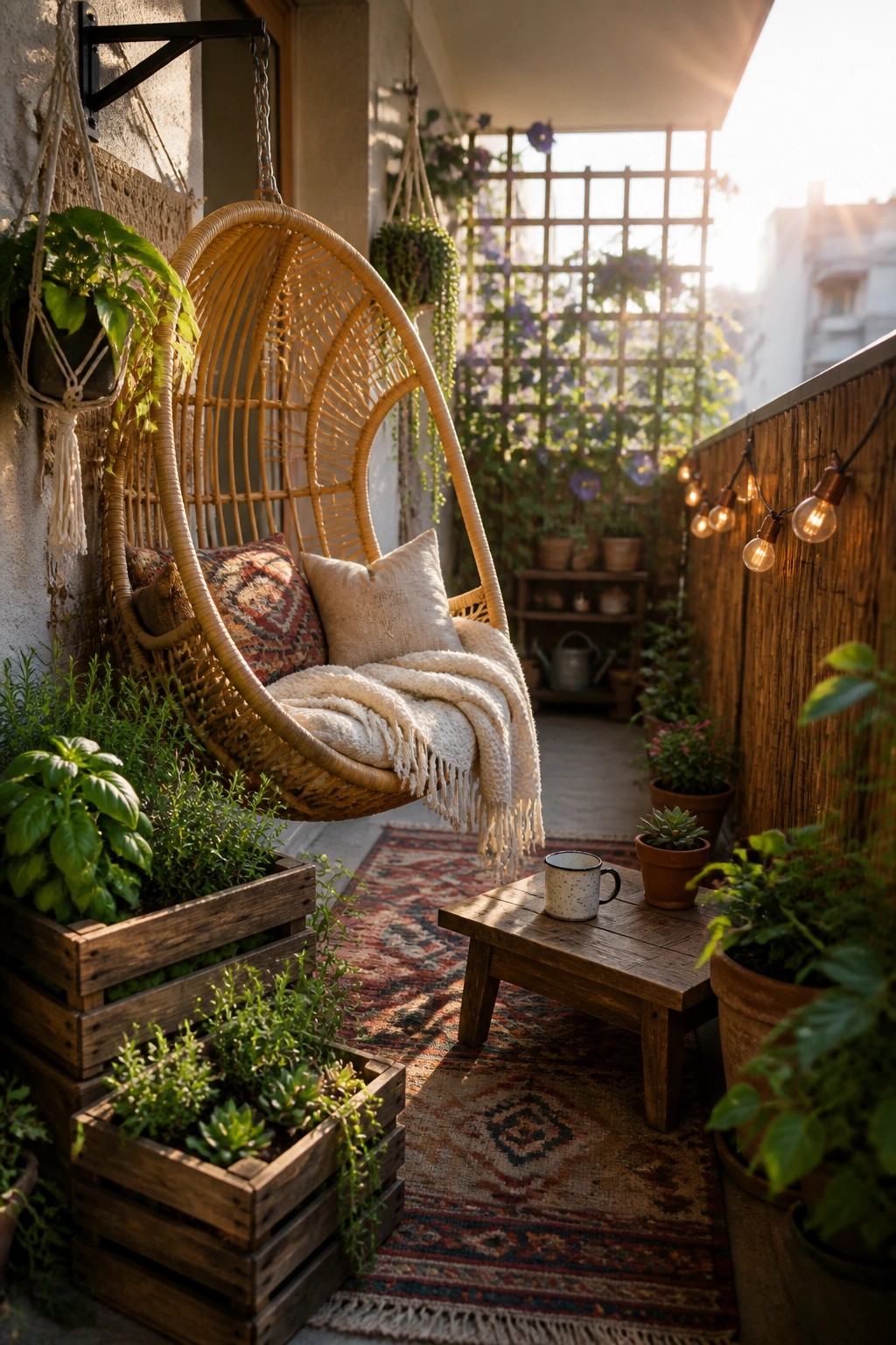A wicker hanging chair with pillows and a blanket is suspended above a patterned rug on a patio, surrounded by potted plants in wooden crates and a small wooden table.