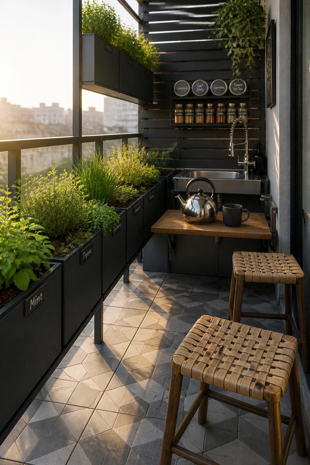 A compact apartment balcony with rows of black labeled herb planters, a wall-mounted sink, a small wooden table holding a kettle and cup, and two woven stools on patterned tile.