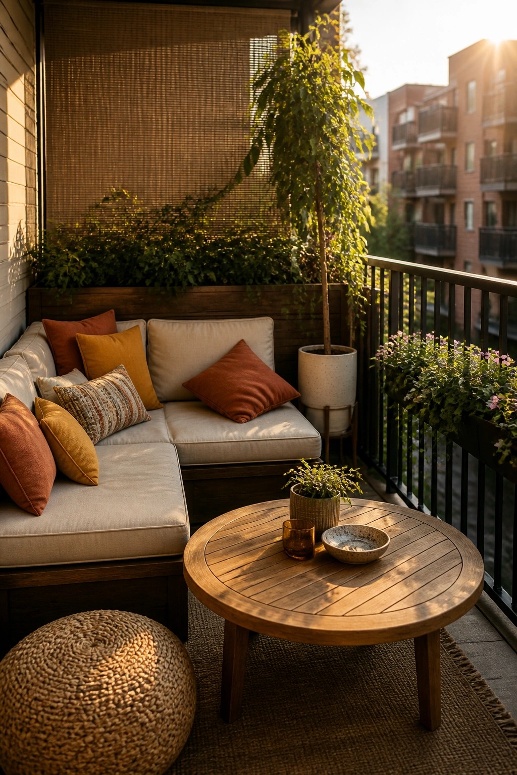 Cozy balcony with beige sectional sofa, rust pillows, round wooden table, and plants.