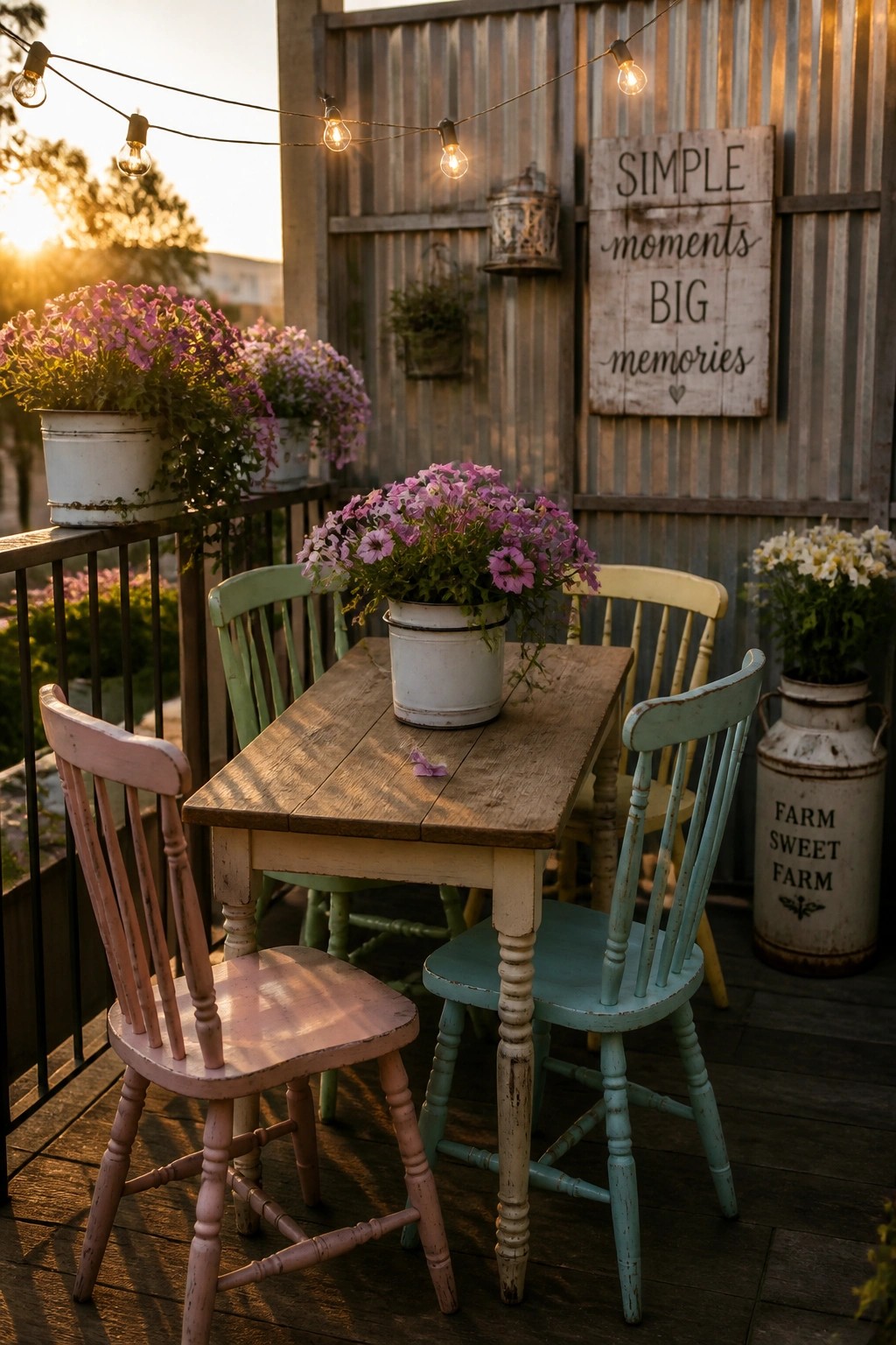 A rustic wooden table on a deck surrounded by mismatched painted wooden chairs in pink, green, and blue with potted flowers and string lights overhead.