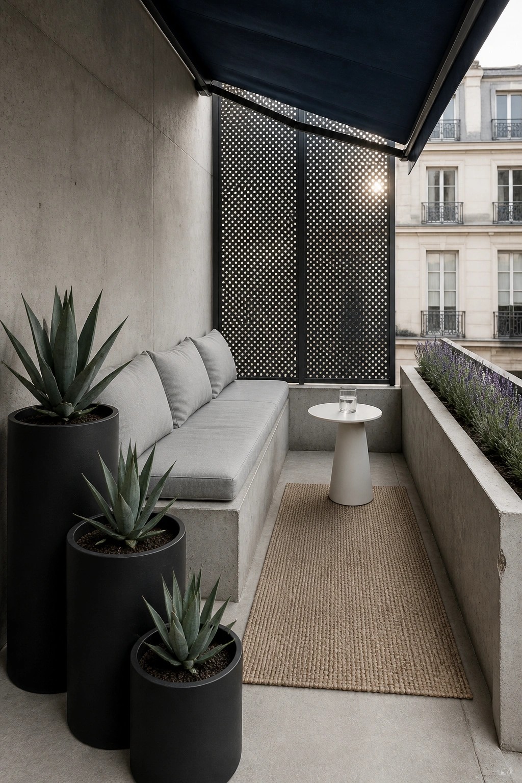 Modern balcony with gray sofa, black potted agaves, white table, and woven rug