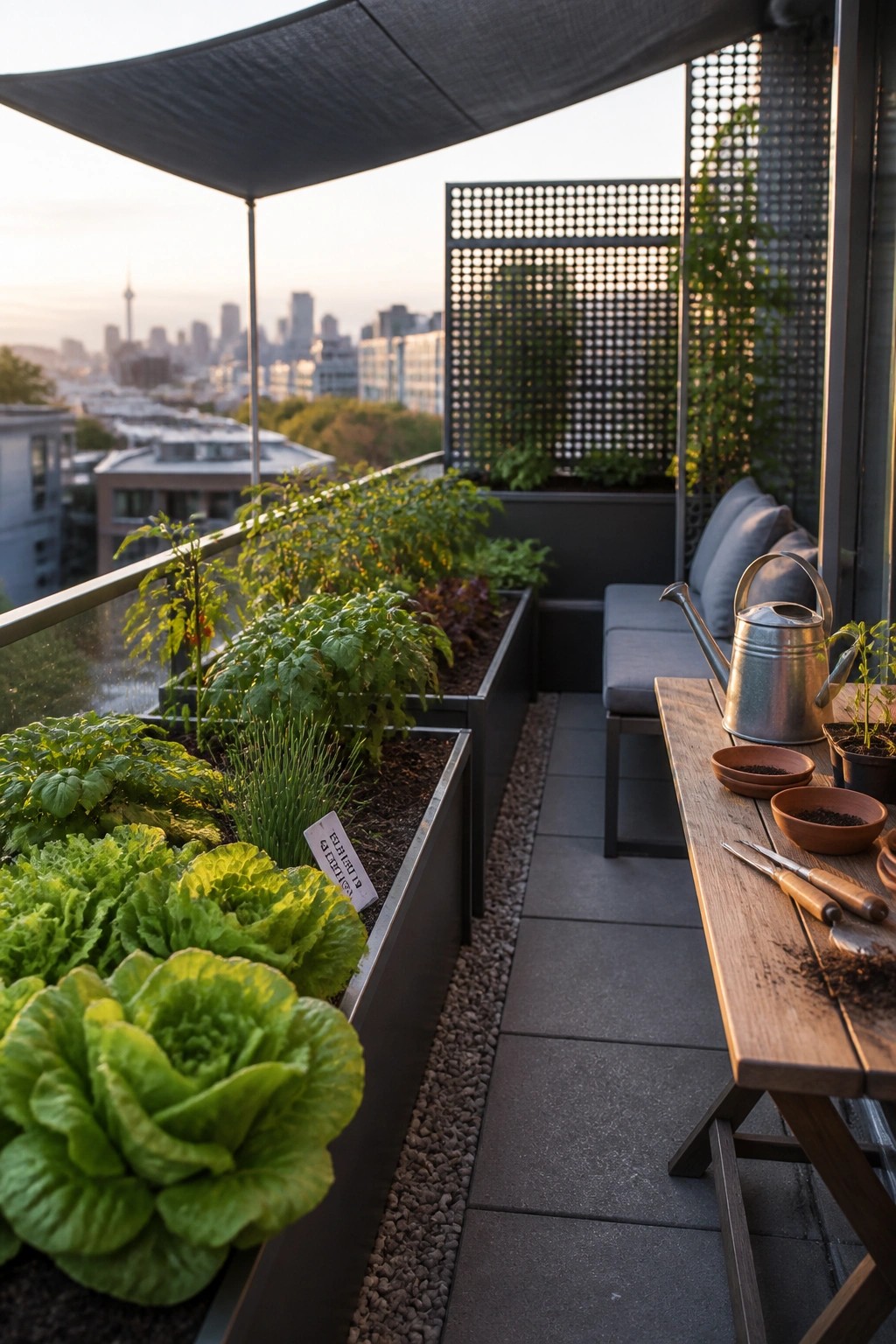 A balcony with long metal raised planters growing lettuce, tomatoes, and herbs, a wooden table holding gardening tools and a watering can, and built-in seating in the background.