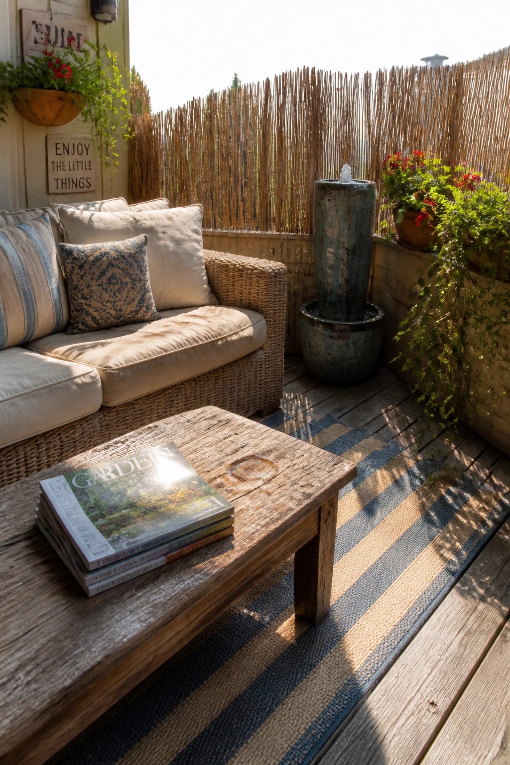 Outdoor patio with wicker sofa, wooden table, fountain, striped rug, and potted plants