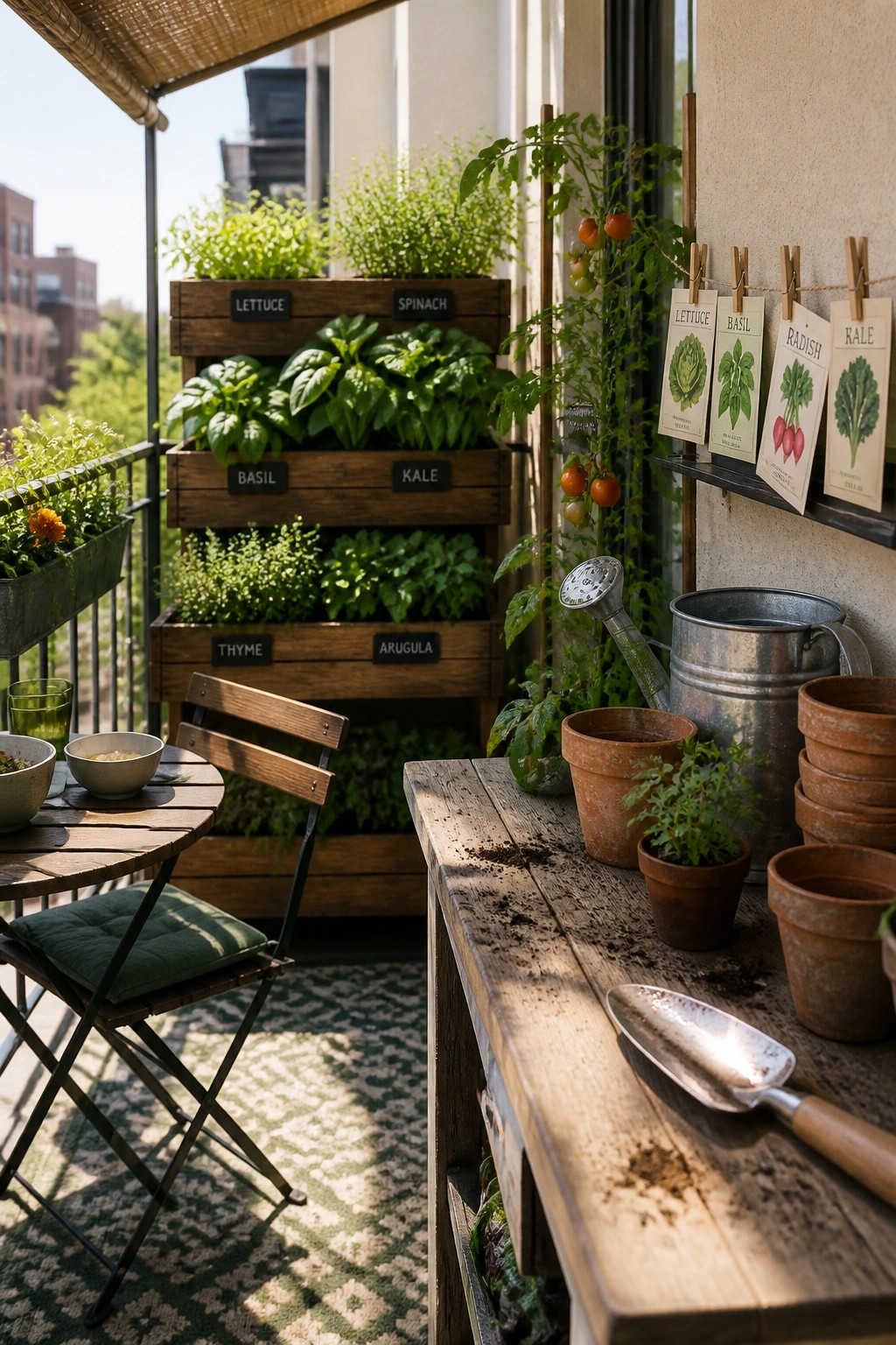 A small apartment balcony with stacked wooden crates labeled for herbs and vegetables, a round wooden table with two chairs, and scattered gardening tools on a nearby surface.