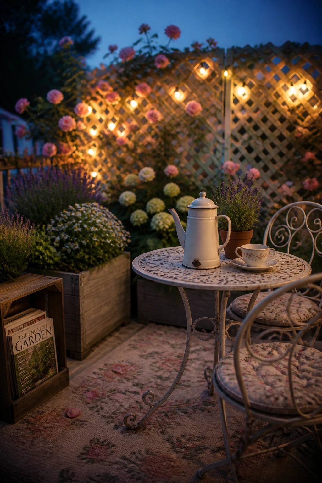 A patio seating area at dusk with a round metal table, two chairs, a white teapot and cup, potted plants, and string lights strung across a wooden lattice fence with flowers behind it.
