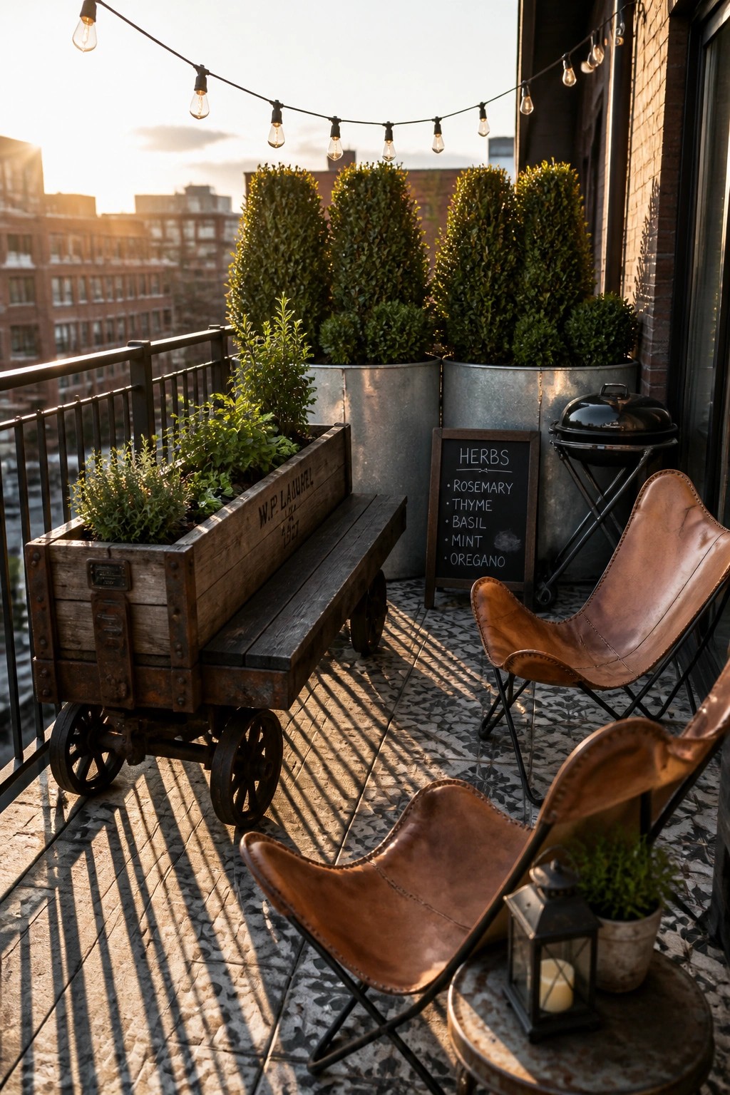 A city balcony with a wooden cart planter on wheels holding herbs, two large metal tubs with shrubs, brown leather sling chairs, a chalkboard herb sign, and string lights overhead.